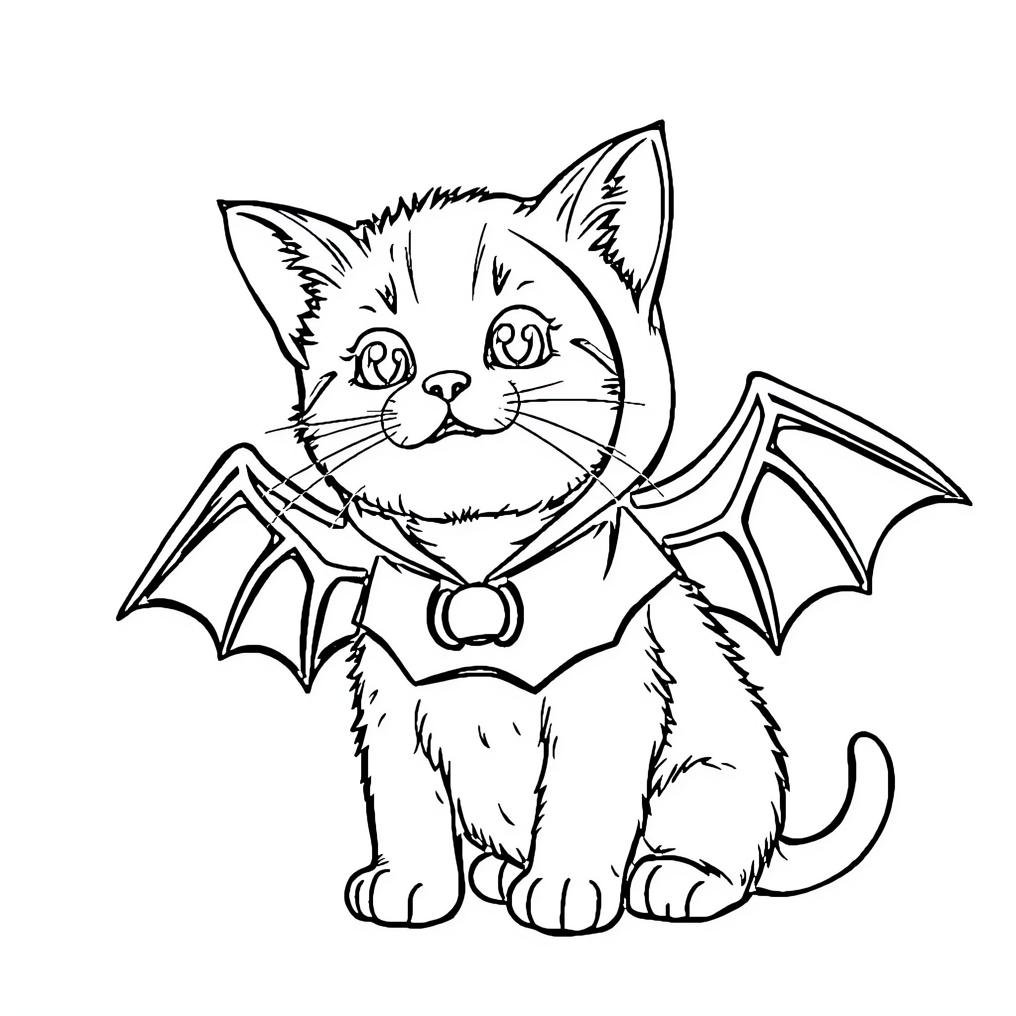 Cat dressed as bat with happy expression Coloring Page (free black-and-white line drawing printable PDF for all, from beginners to advanced learners, including children, teens, adults, and seniors)