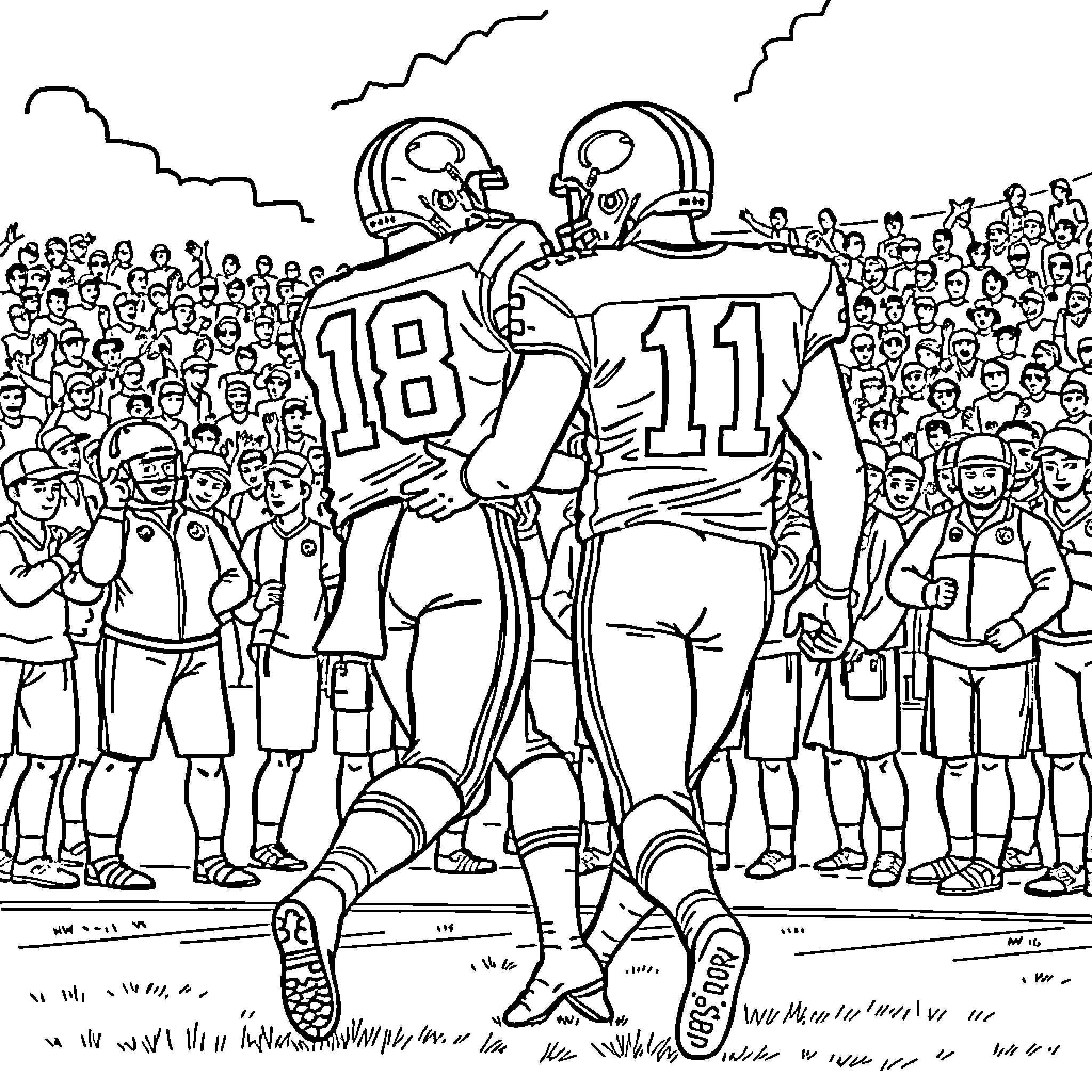 Football Players Engaged in Intense Game on Field Coloring Page (free black-and-white line drawing printable PDF for all, from beginners to advanced learners, including children, teens, adults, and seniors)