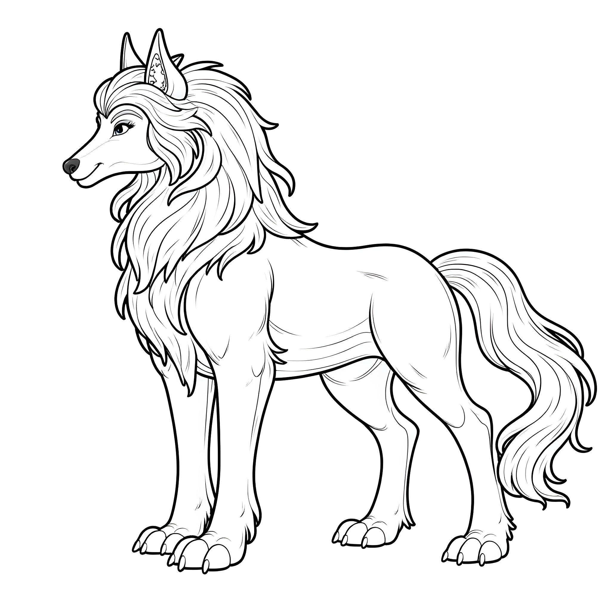 Thundra the majestic mythical wolf Coloring Page (free black-and-white line drawing printable PDF for all, from beginners to advanced learners, including children, teens, adults, and seniors)