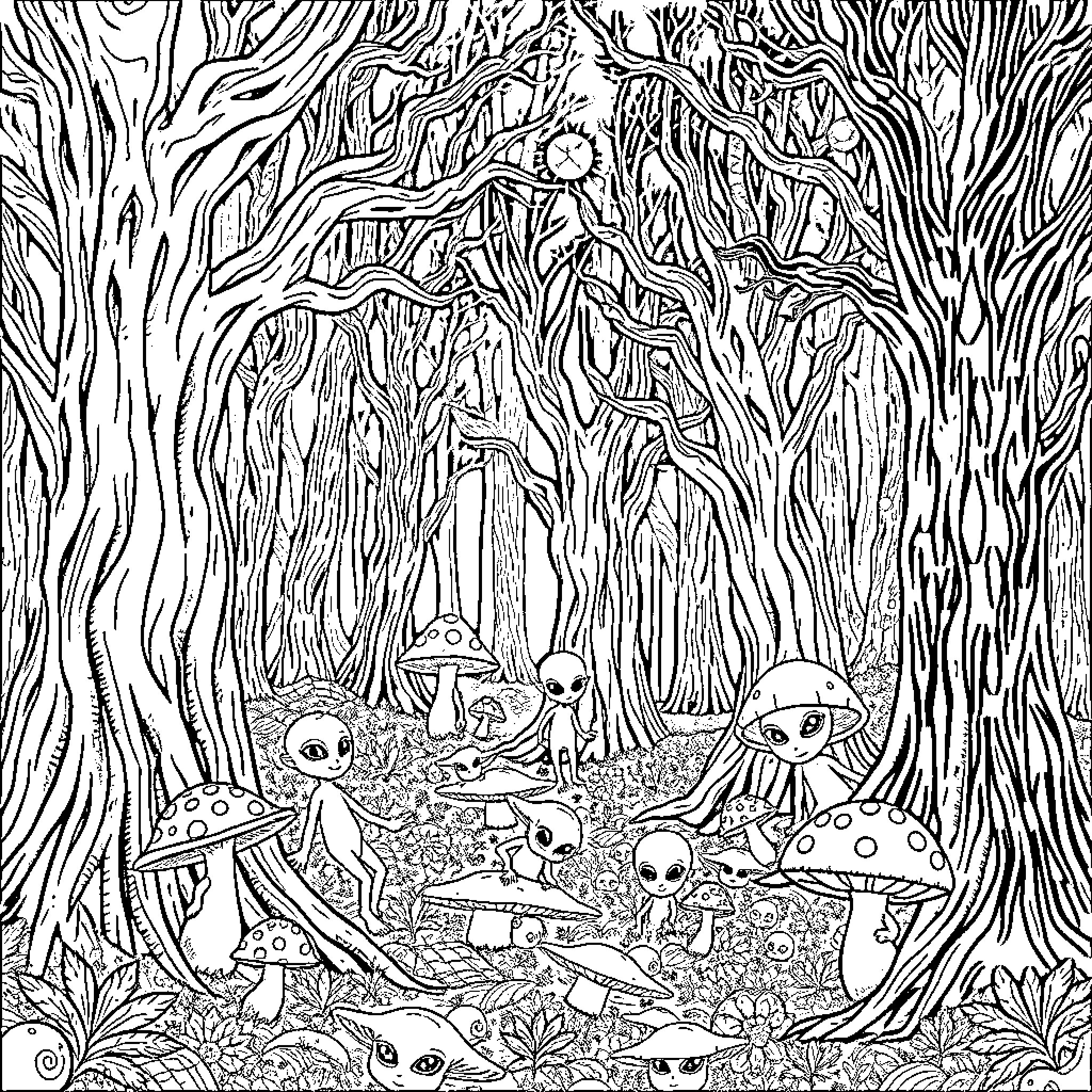Alien Creatures Exploring Fantastical Forest Realm Coloring Page (free black-and-white line drawing printable PDF for all, from beginners to advanced learners, including children, teens, adults, and seniors)