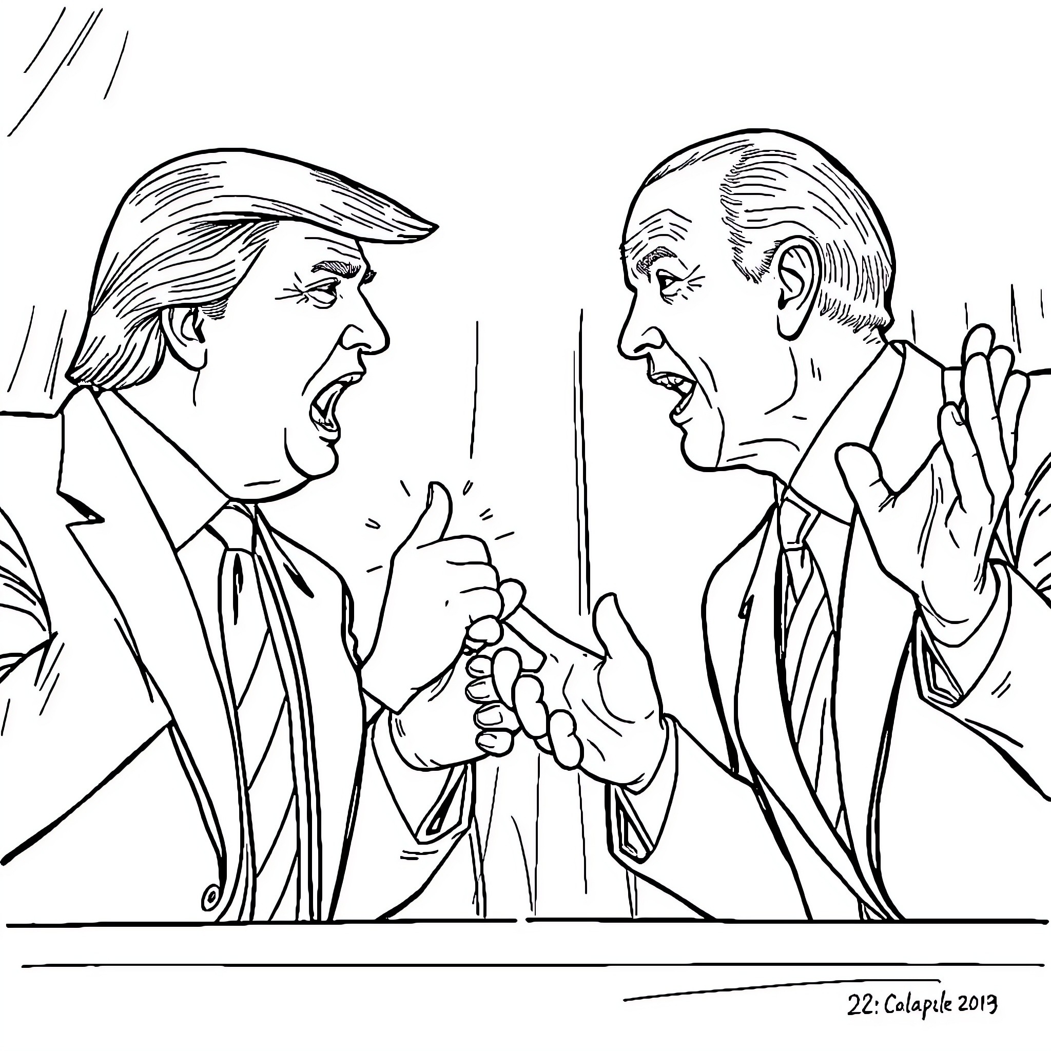 Trump Engaged in Heated Debate with Opponent Coloring Page (free black-and-white line drawing printable PDF for all, from beginners to advanced learners, including children, teens, adults, and seniors)