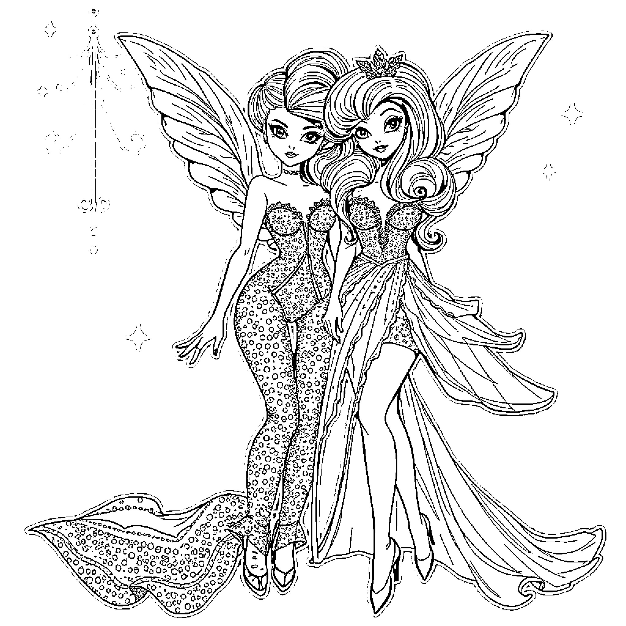 Huntrix Fairies in Sparkling Dresses Coloring Page (free black-and-white line drawing printable PDF for all, from beginners to advanced learners, including children, teens, adults, and seniors)