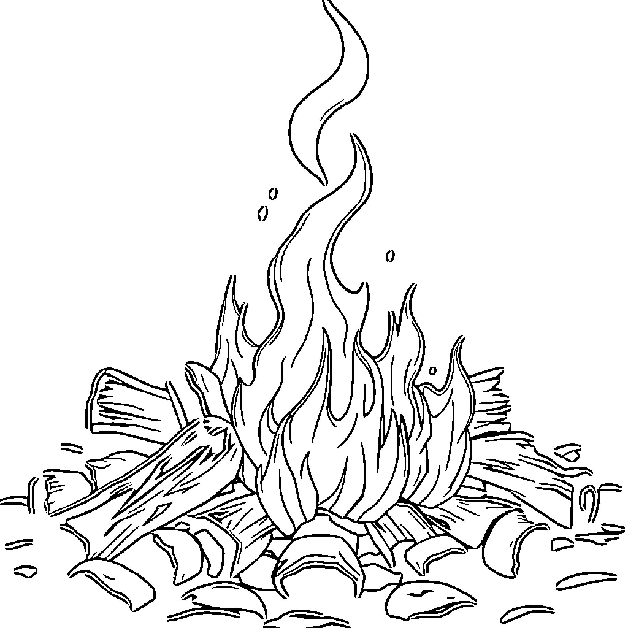 Campfire with Flickering Flames and Sparks Coloring Page (free black-and-white line drawing printable PDF for all, from beginners to advanced learners, including children, teens, adults, and seniors)