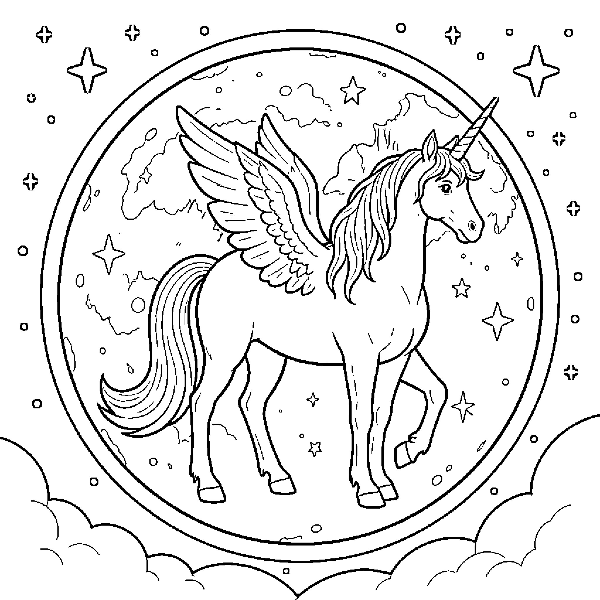 Unicorn soaring through starry night sky Coloring Page (free black-and-white line drawing printable PDF for all, from beginners to advanced learners, including children, teens, adults, and seniors)