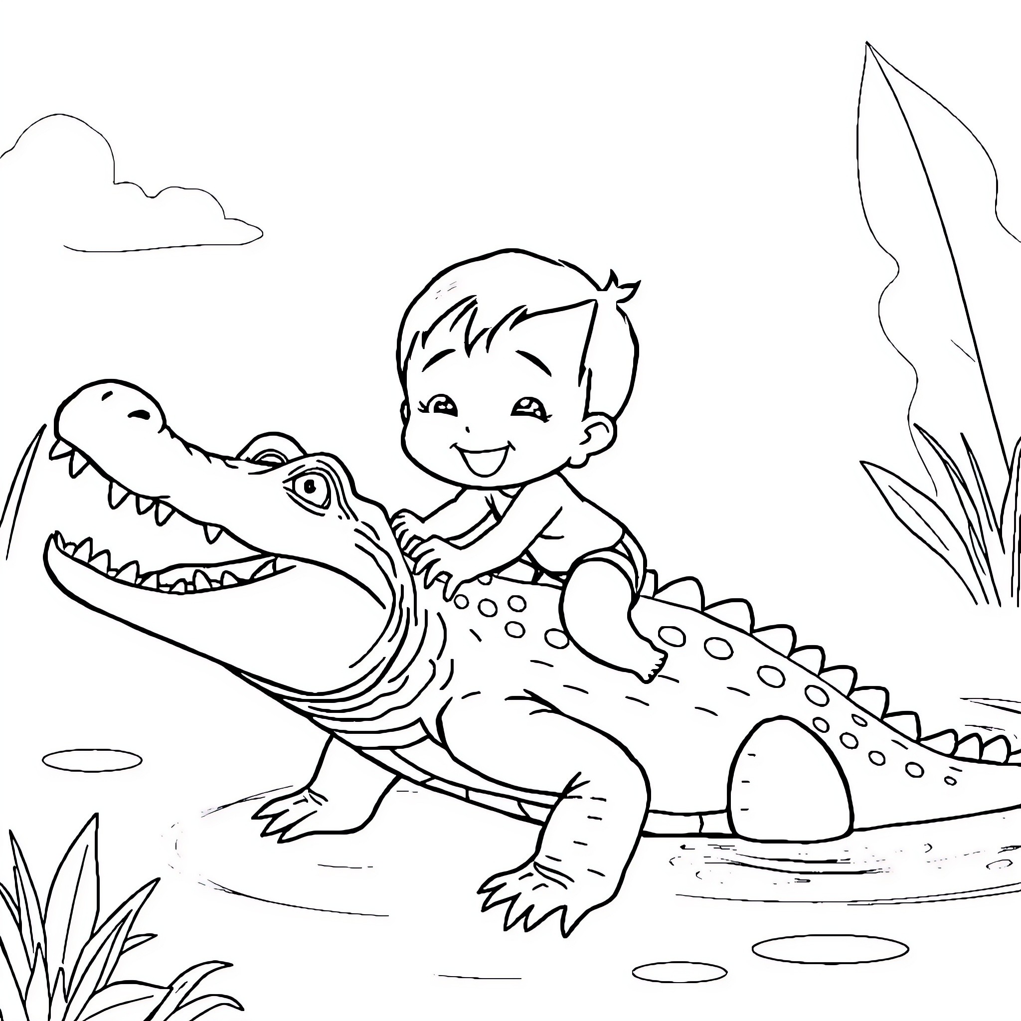 Baby playing happily with friendly alligator Coloring Page (free black-and-white line drawing printable PDF for all, from beginners to advanced learners, including children, teens, adults, and seniors)
