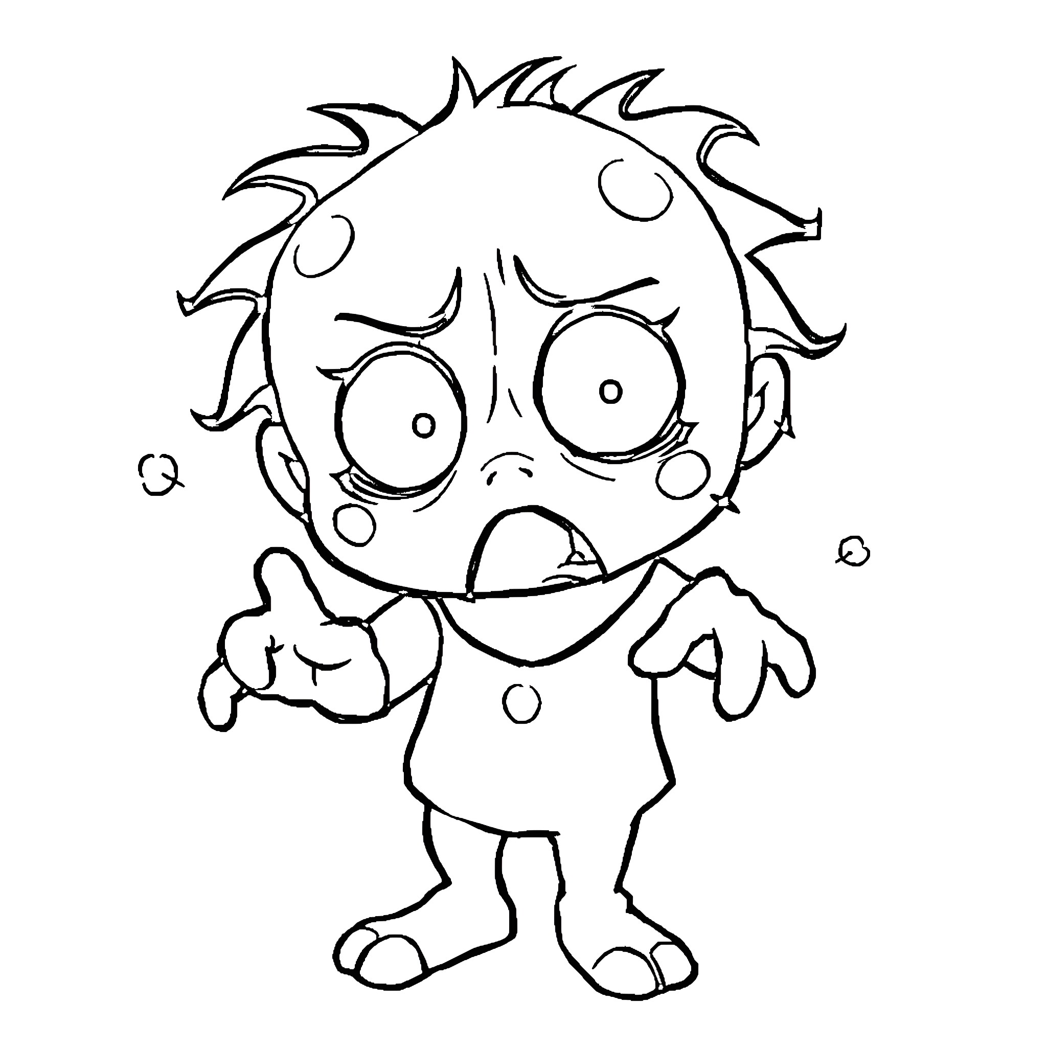 Powder Zombie Character with Exaggerated Features Coloring Page (free black-and-white line drawing printable PDF for all, from beginners to advanced learners, including children, teens, adults, and seniors)