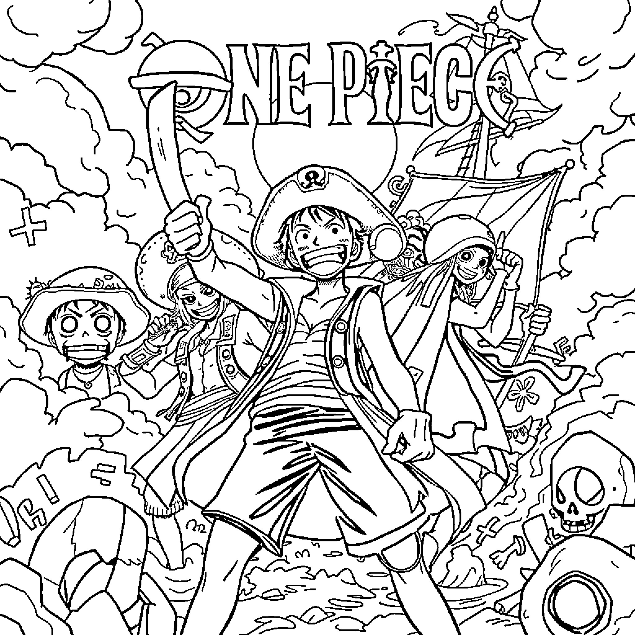 One Piece: Adventurous Pirates in Action-Packed Scene Coloring Page (free black-and-white line drawing printable PDF for all, from beginners to advanced learners, including children, teens, adults, and seniors)