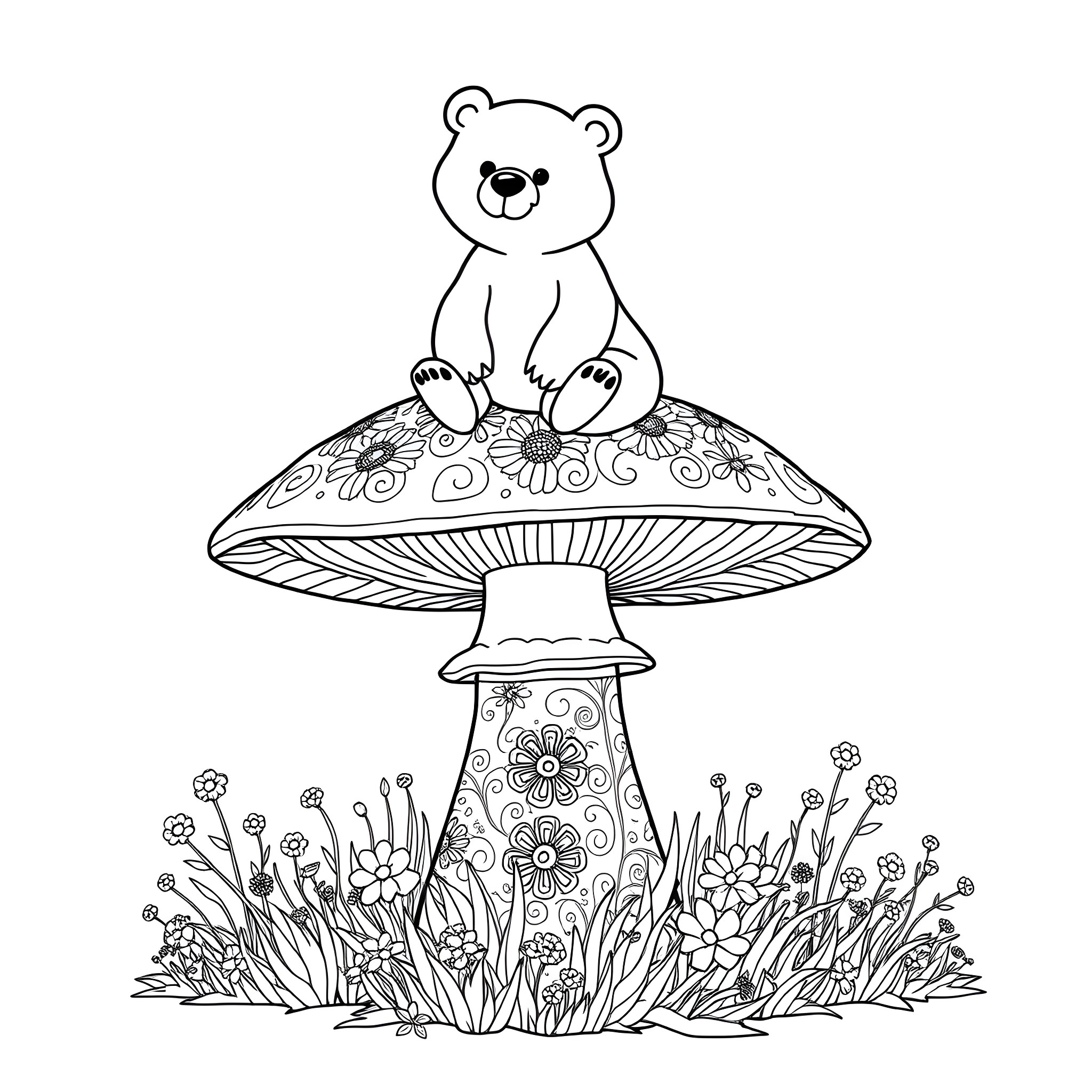 Bear sitting on a mushroom amidst flowers Coloring Page (free black-and-white line drawing printable PDF for all, from beginners to advanced learners, including children, teens, adults, and seniors)