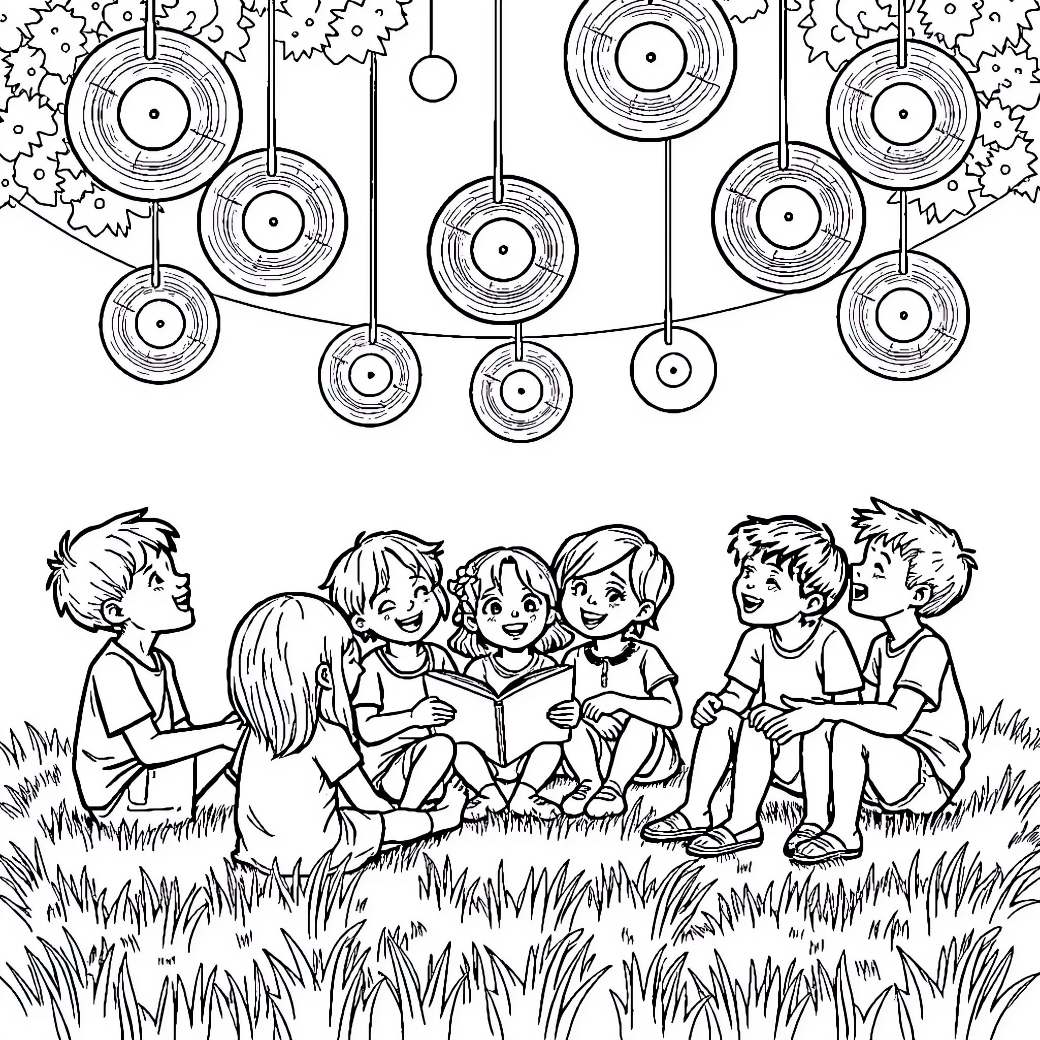 Child reading book with friends in the field Coloring Page (free black-and-white line drawing printable PDF for all, from beginners to advanced learners, including children, teens, adults, and seniors)