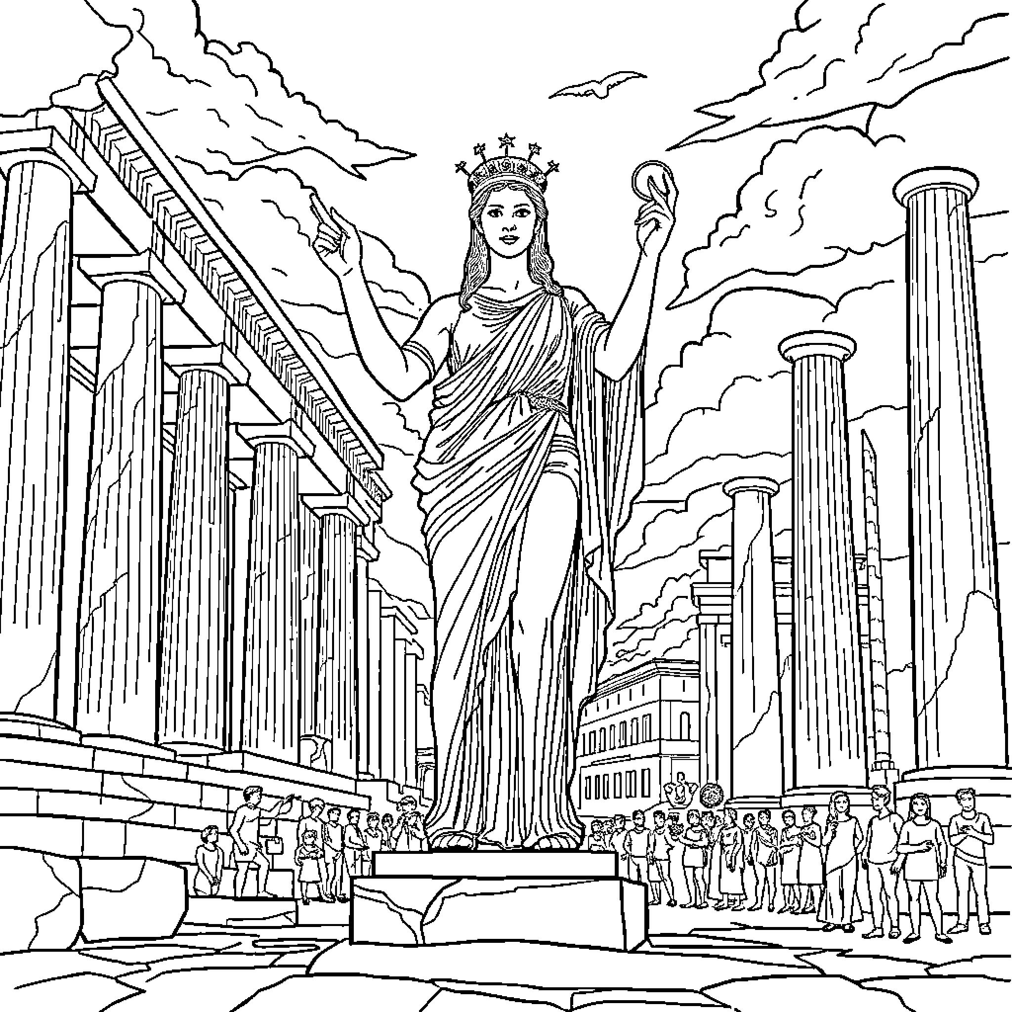 Athena, Goddess of Wisdom, Stands Tall Amid Ruins Coloring Page (free black-and-white line drawing printable PDF for all, from beginners to advanced learners, including children, teens, adults, and seniors)