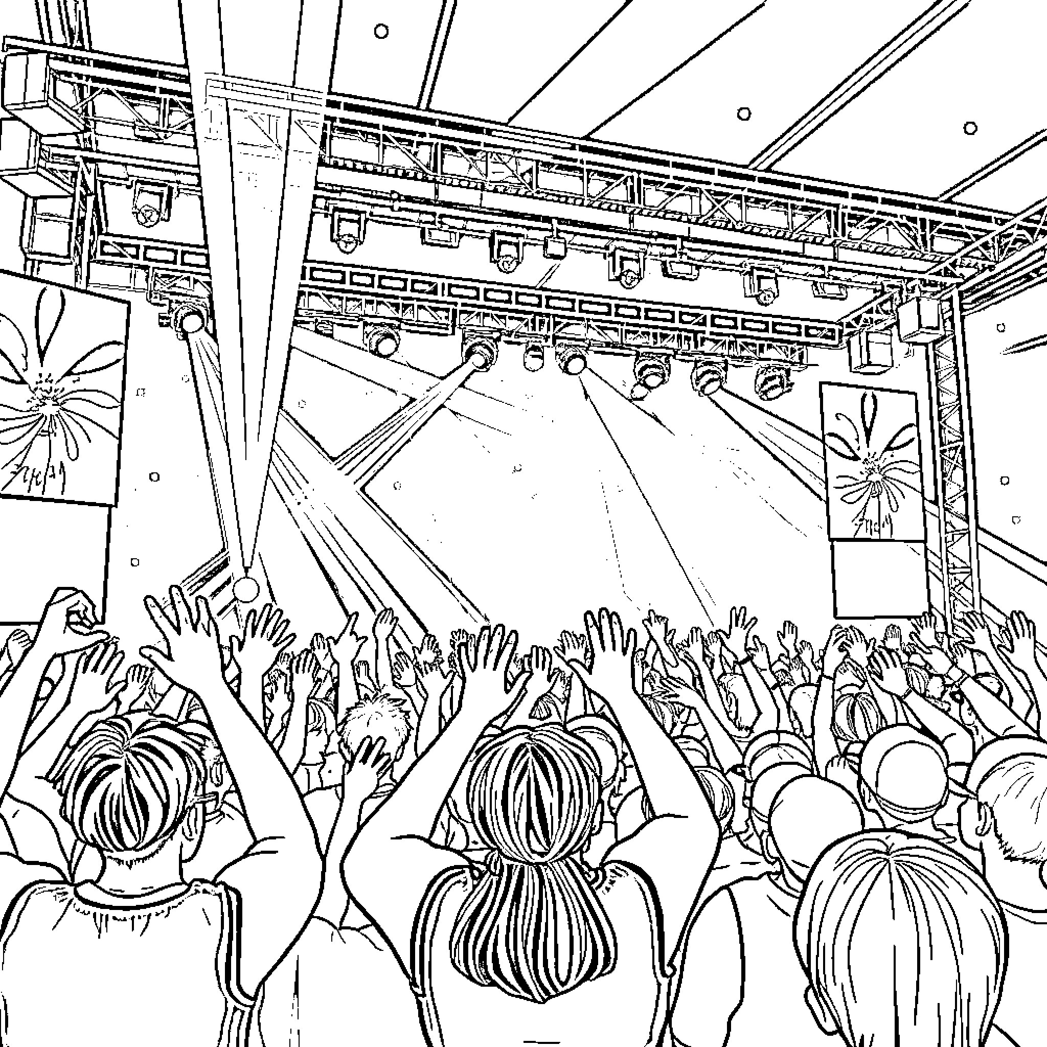 Kpop concert with excited fans and stage lights Coloring Page (free black-and-white line drawing printable PDF for all, from beginners to advanced learners, including children, teens, adults, and seniors)