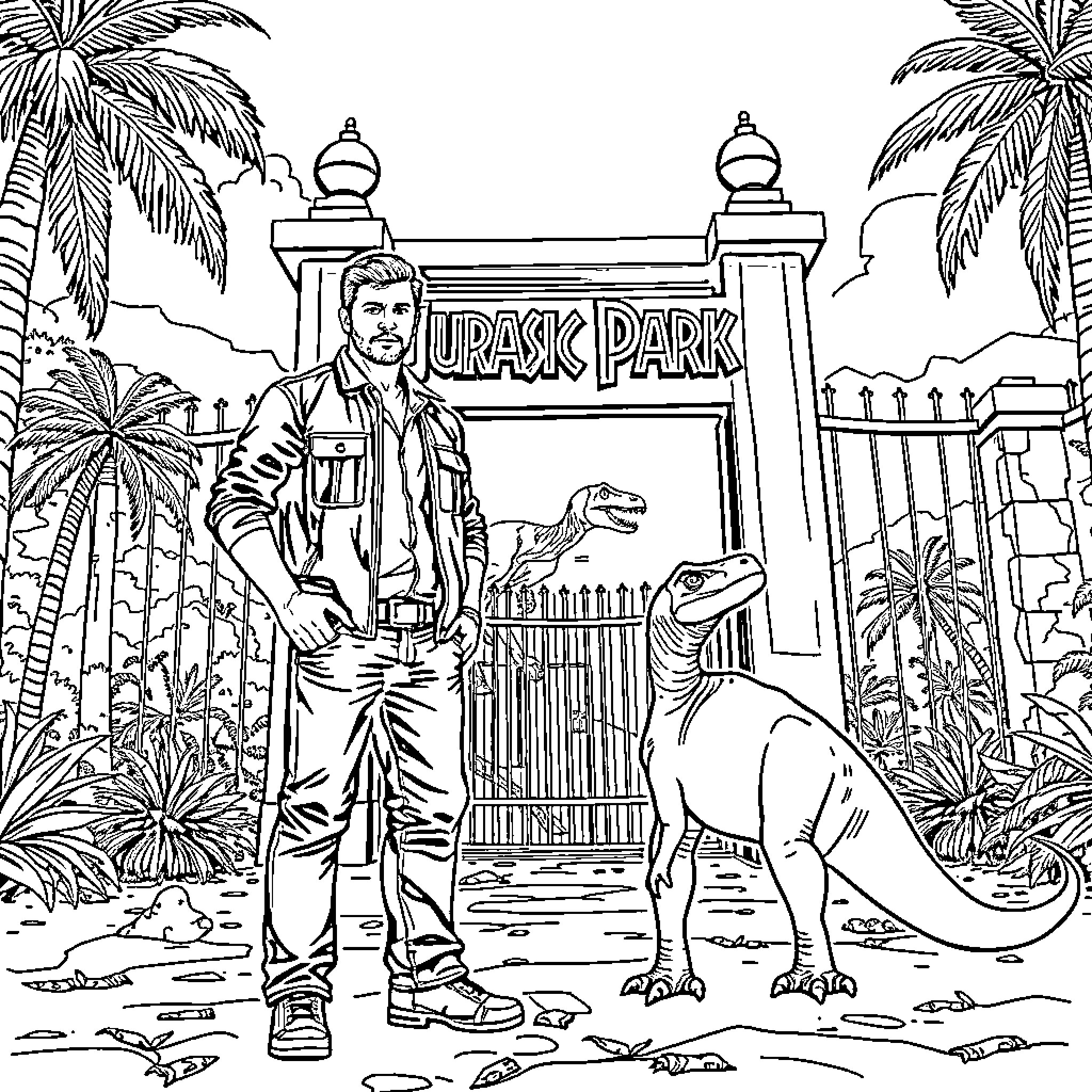 Velociraptor encounters park ranger at Jurassic Park Coloring Page (free black-and-white line drawing printable PDF for all, from beginners to advanced learners, including children, teens, adults, and seniors)