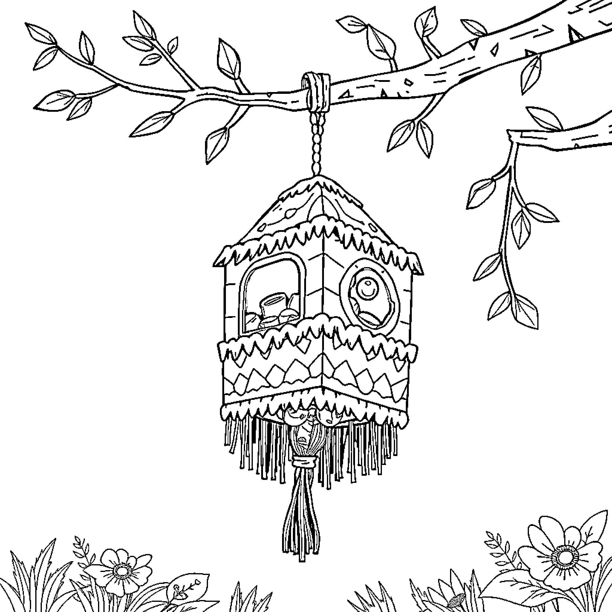 Pinata hanging amidst lush foliage Coloring Page (free black-and-white line drawing printable PDF for all, from beginners to advanced learners, including children, teens, adults, and seniors)