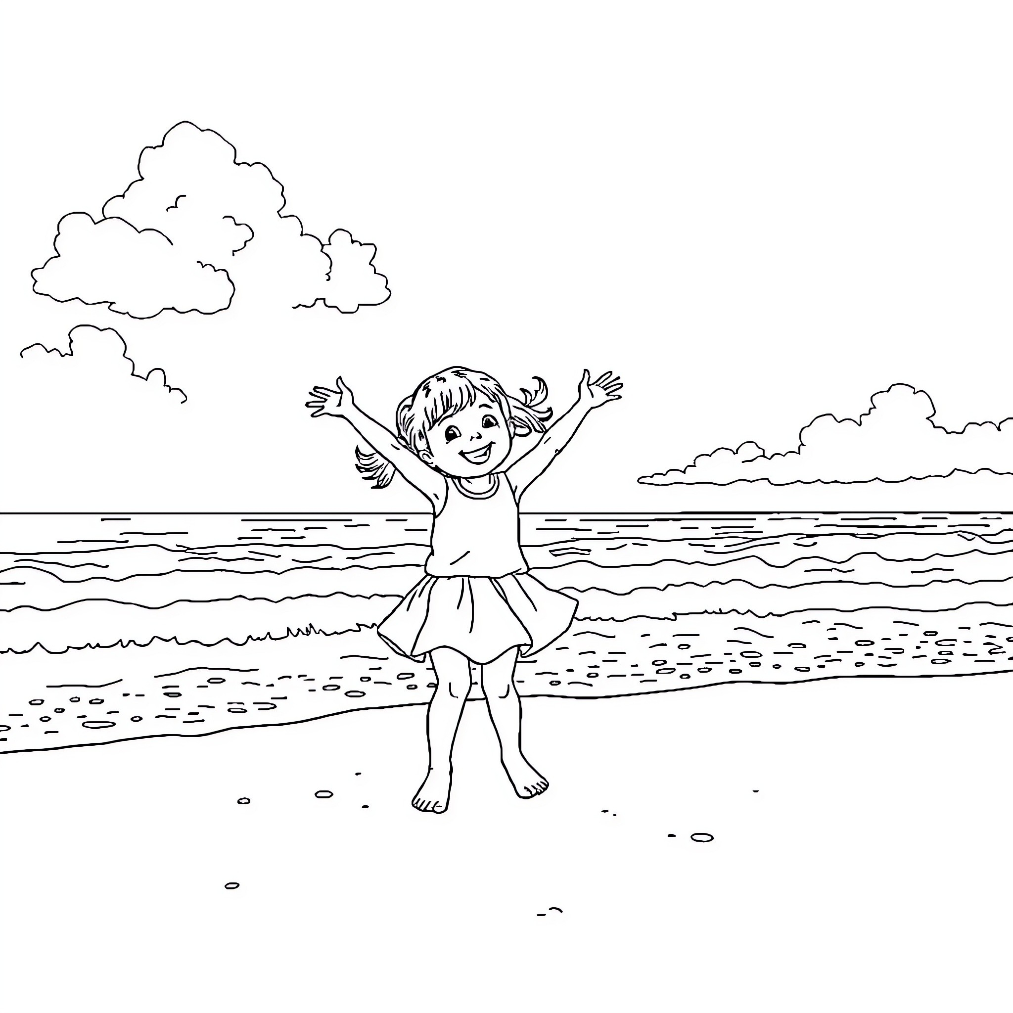 Fille playing happily at the beach Coloring Page (free black-and-white line drawing printable PDF for all, from beginners to advanced learners, including children, teens, adults, and seniors)