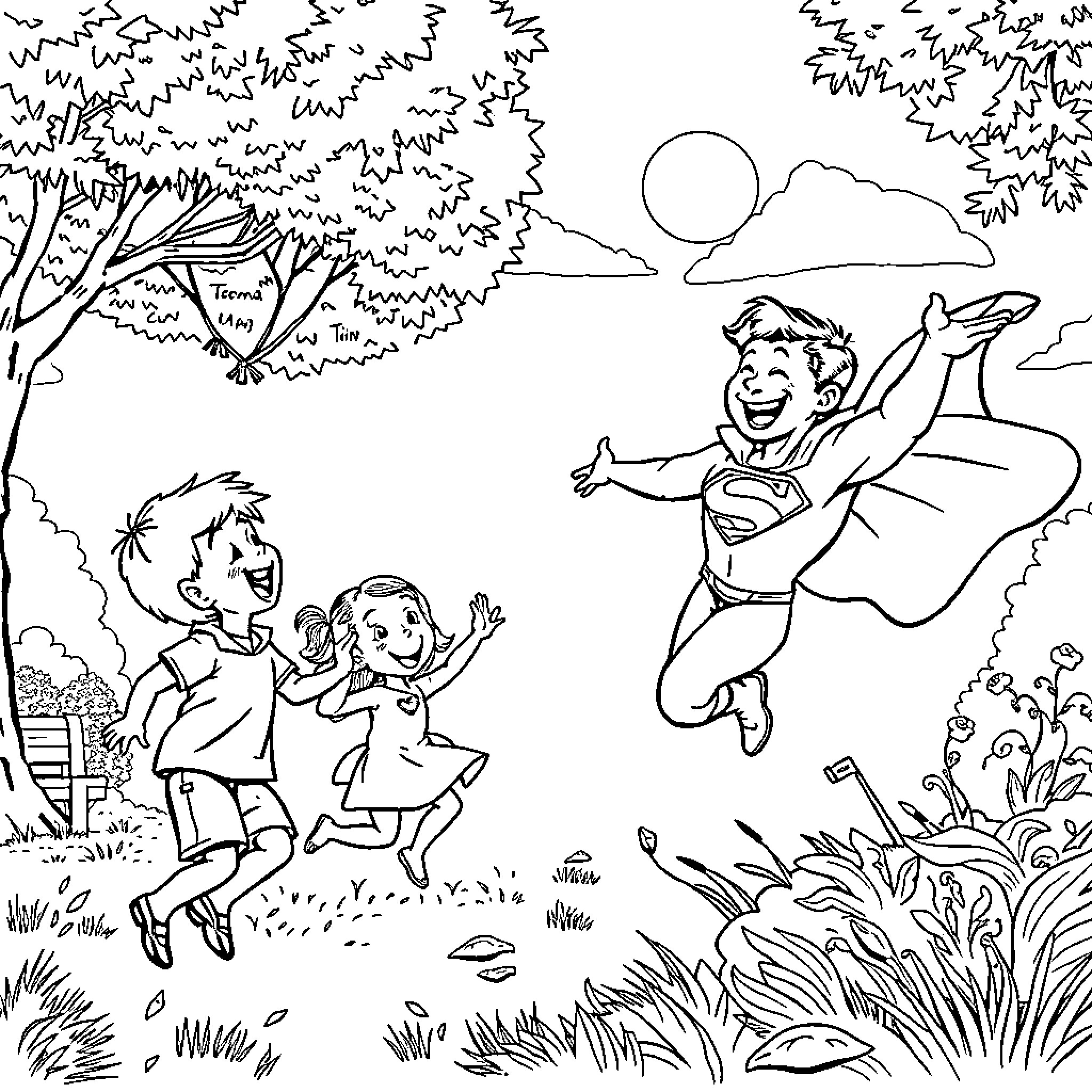 Superman Soaring Over Excited Children in Scenic Landscape Coloring Page (free black-and-white line drawing printable PDF for all, from beginners to advanced learners, including children, teens, adults, and seniors)