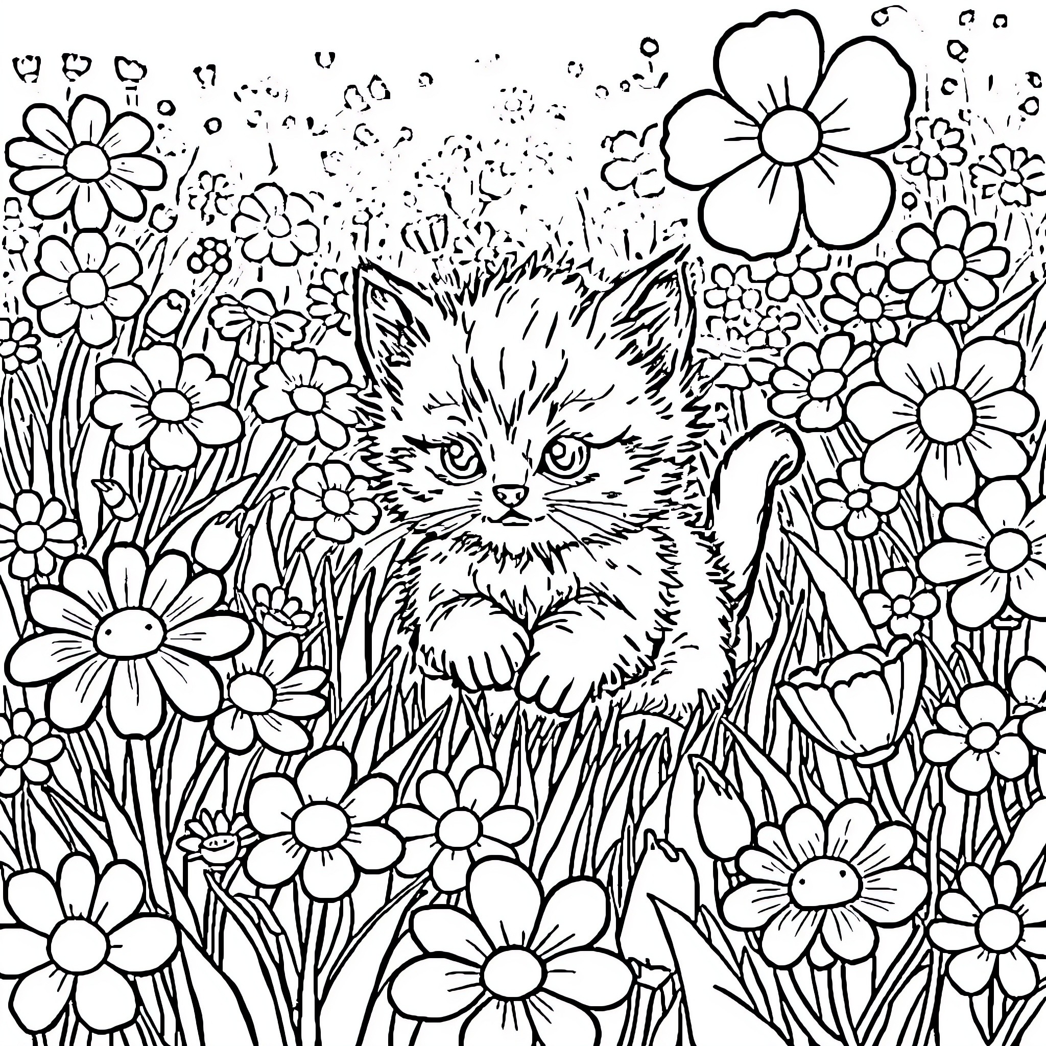 Kitten exploring a floral meadow Coloring Page (free black-and-white line drawing printable PDF for all, from beginners to advanced learners, including children, teens, adults, and seniors)