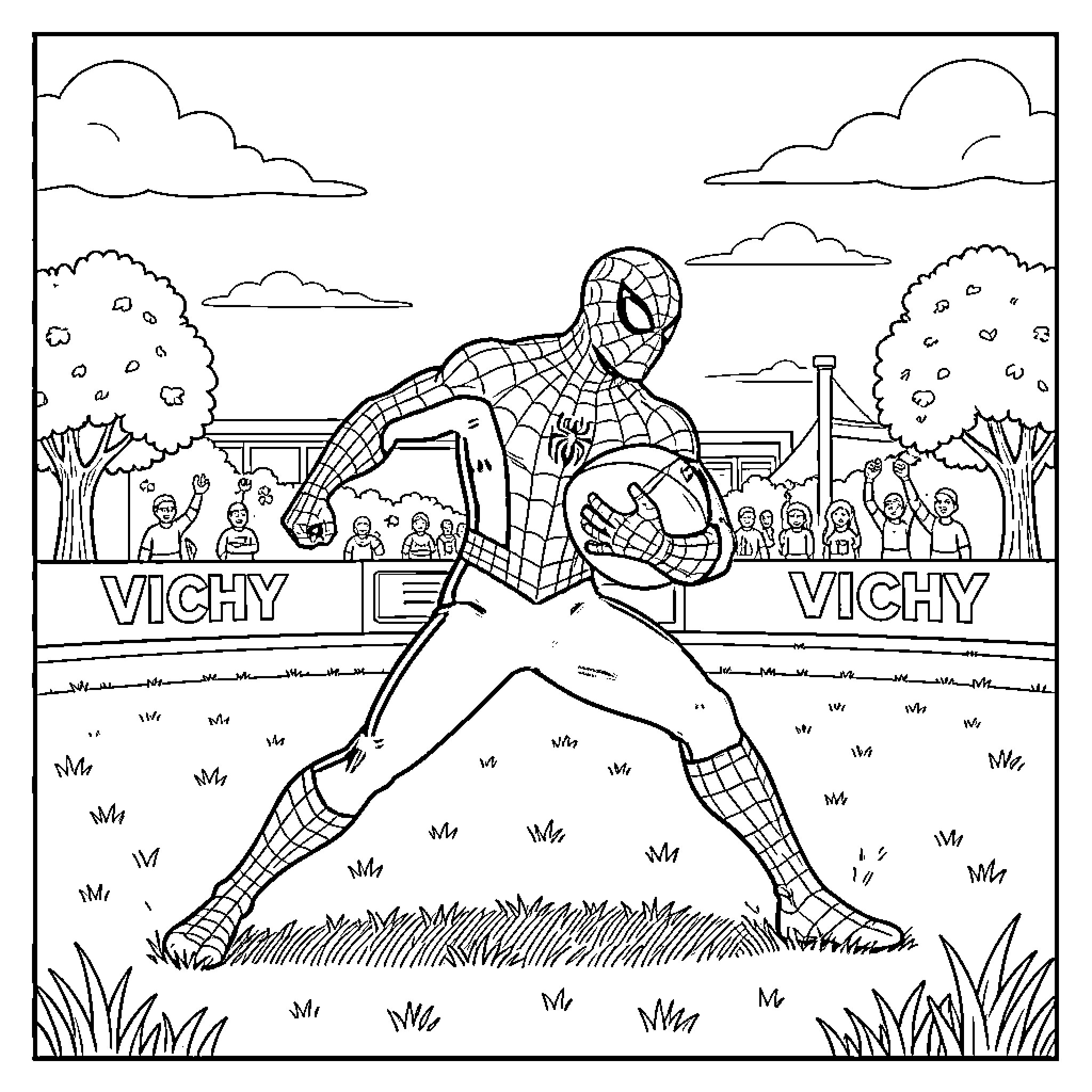 Spiderman running while holding a football in a field Coloring Page (free black-and-white line drawing printable PDF for all, from beginners to advanced learners, including children, teens, adults, and seniors)