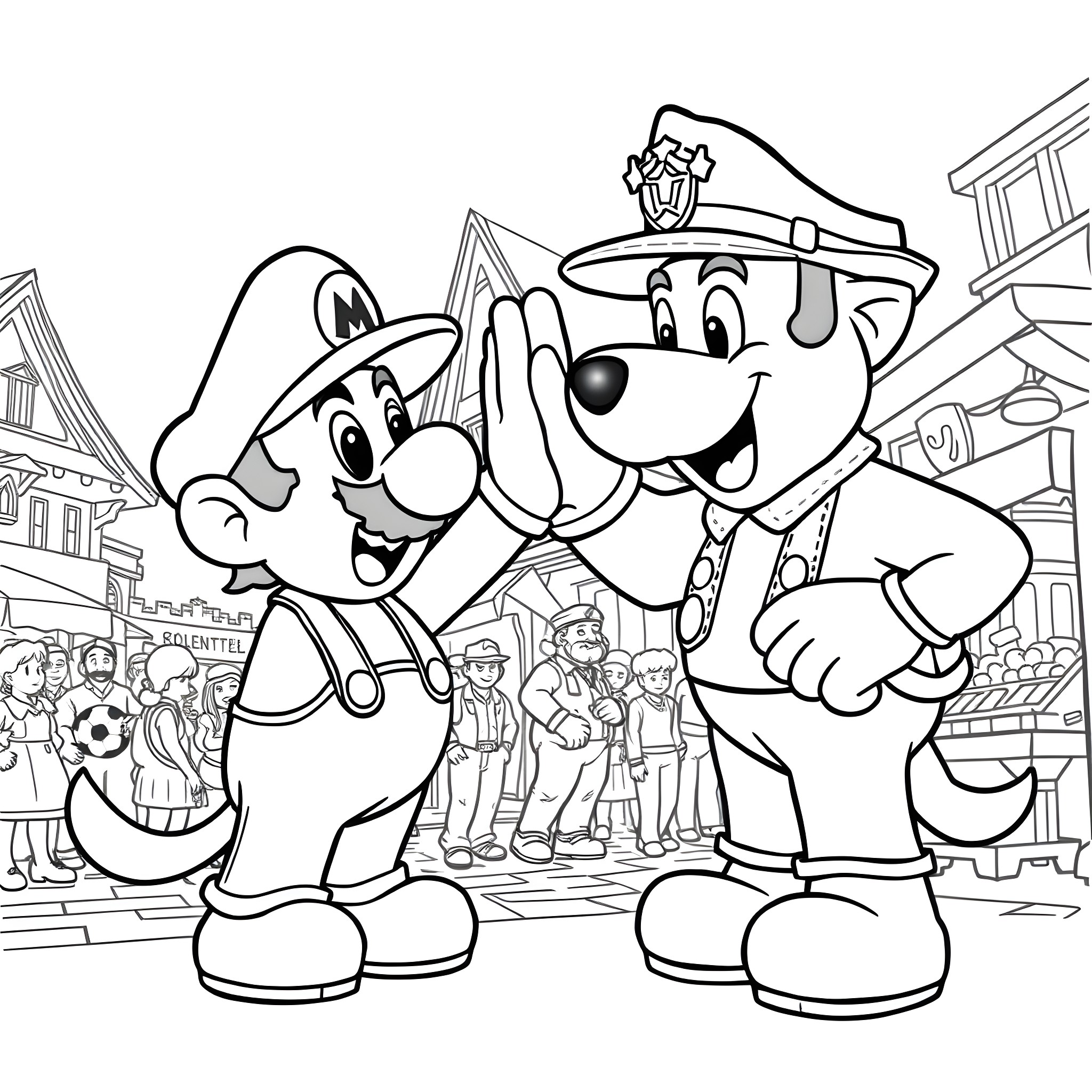 Sheriff Labrador and Assistant Celebrate in Town Coloring Page (free black-and-white line drawing printable PDF for all, from beginners to advanced learners, including children, teens, adults, and seniors)