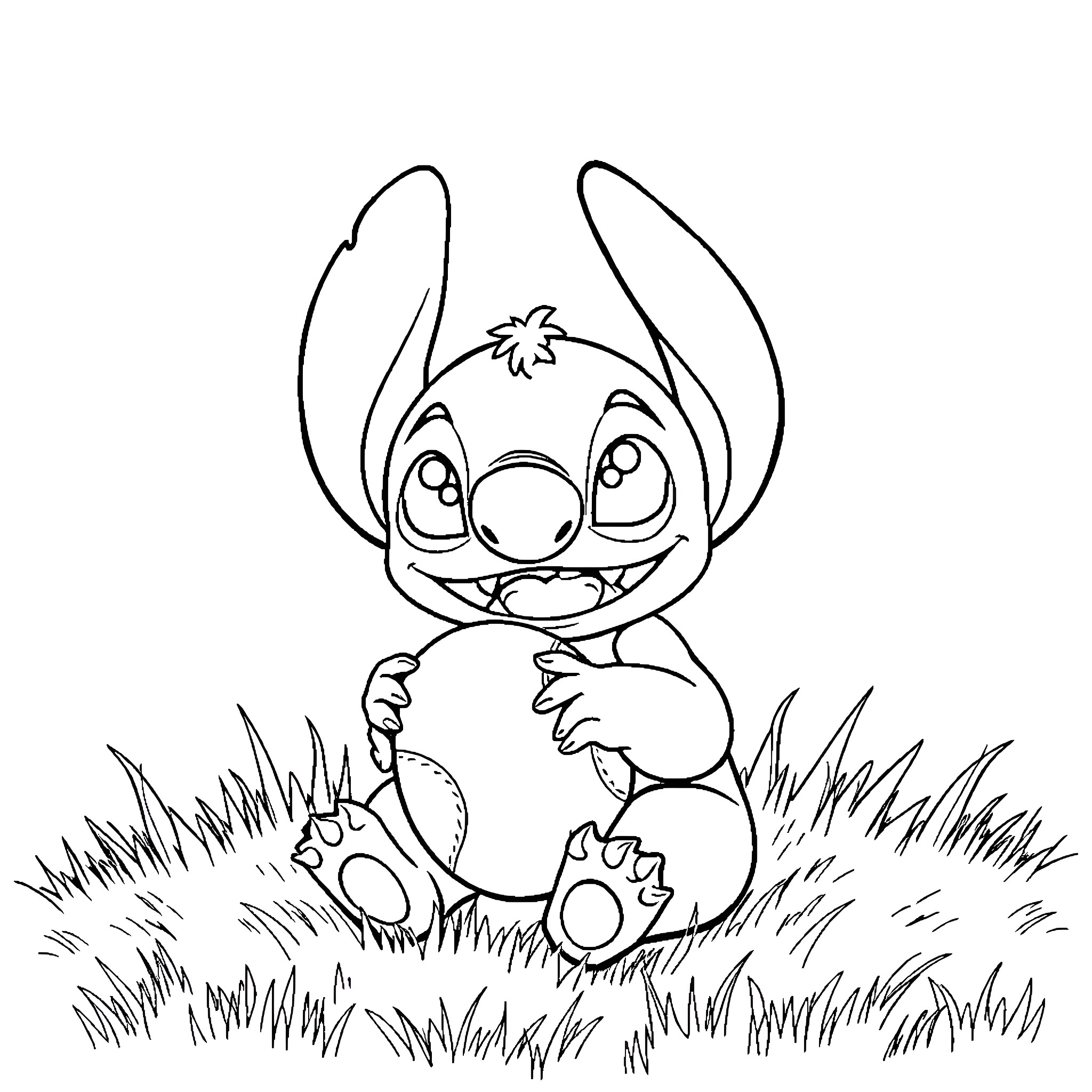 Stitch sitting in grass with happy expression Coloring Page (free black-and-white line drawing printable PDF for all, from beginners to advanced learners, including children, teens, adults, and seniors)