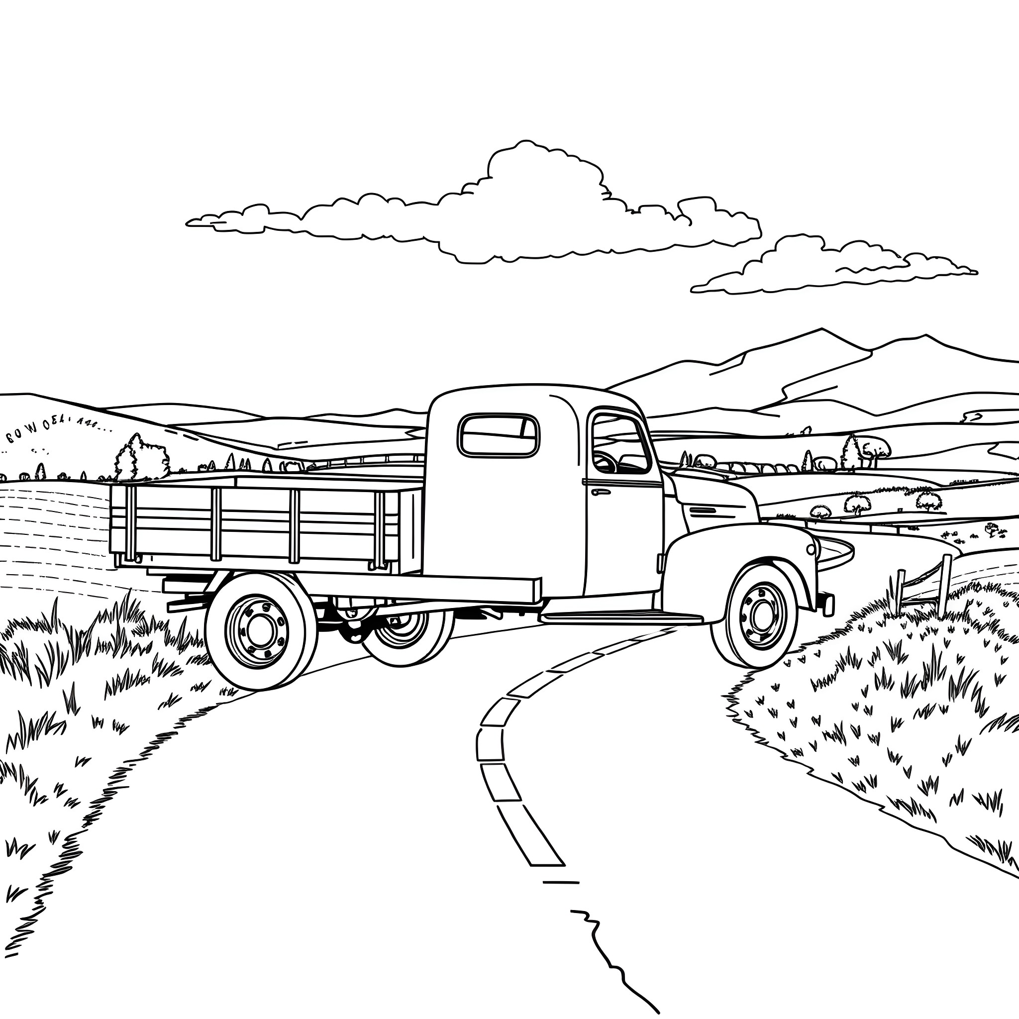 Flatbed truck traversing a rural landscape Coloring Page (free black-and-white line drawing printable PDF for all, from beginners to advanced learners, including children, teens, adults, and seniors)