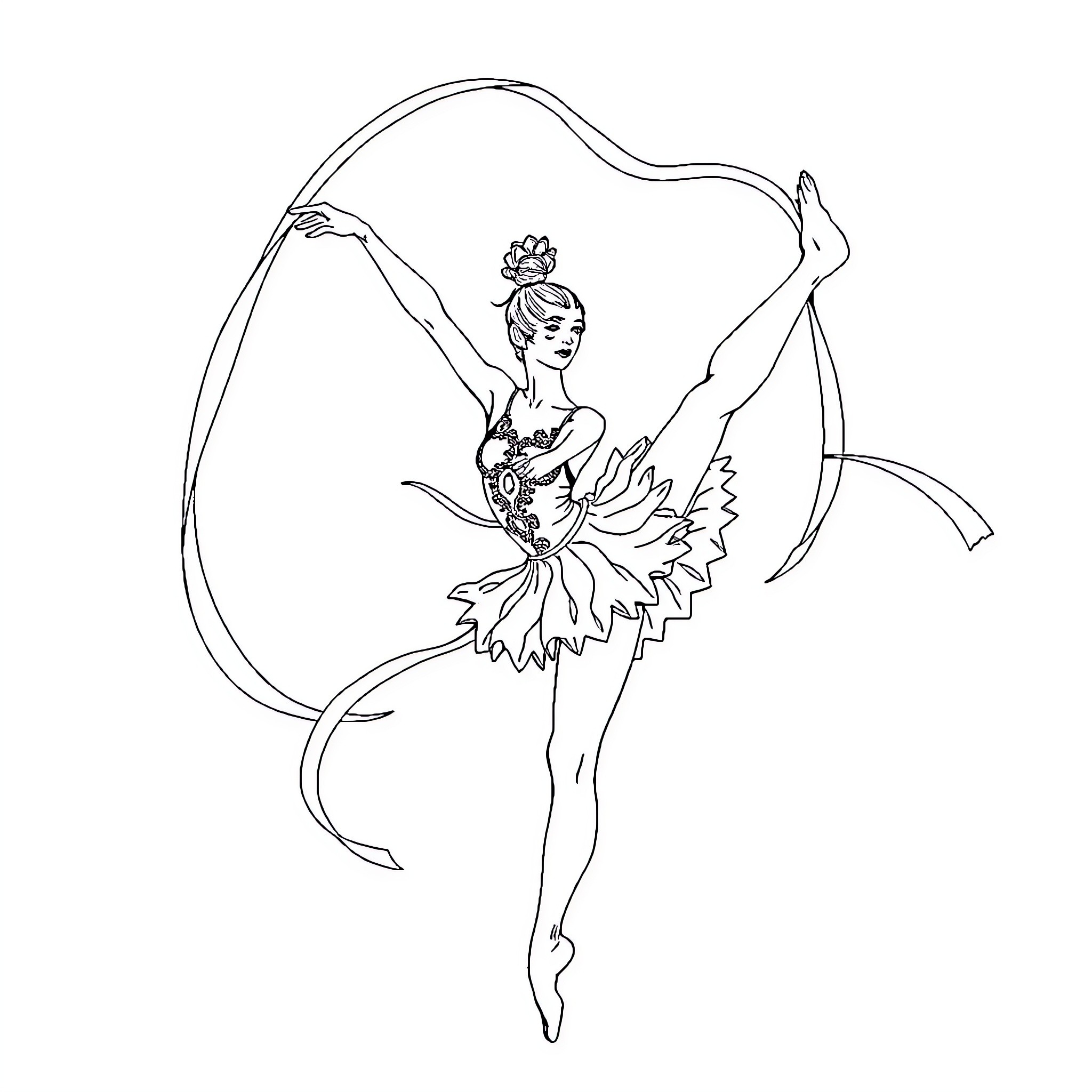 Rhythmic Gymnastics Performer's Graceful Routine Coloring Page (free black-and-white line drawing printable PDF for all, from beginners to advanced learners, including children, teens, adults, and seniors)