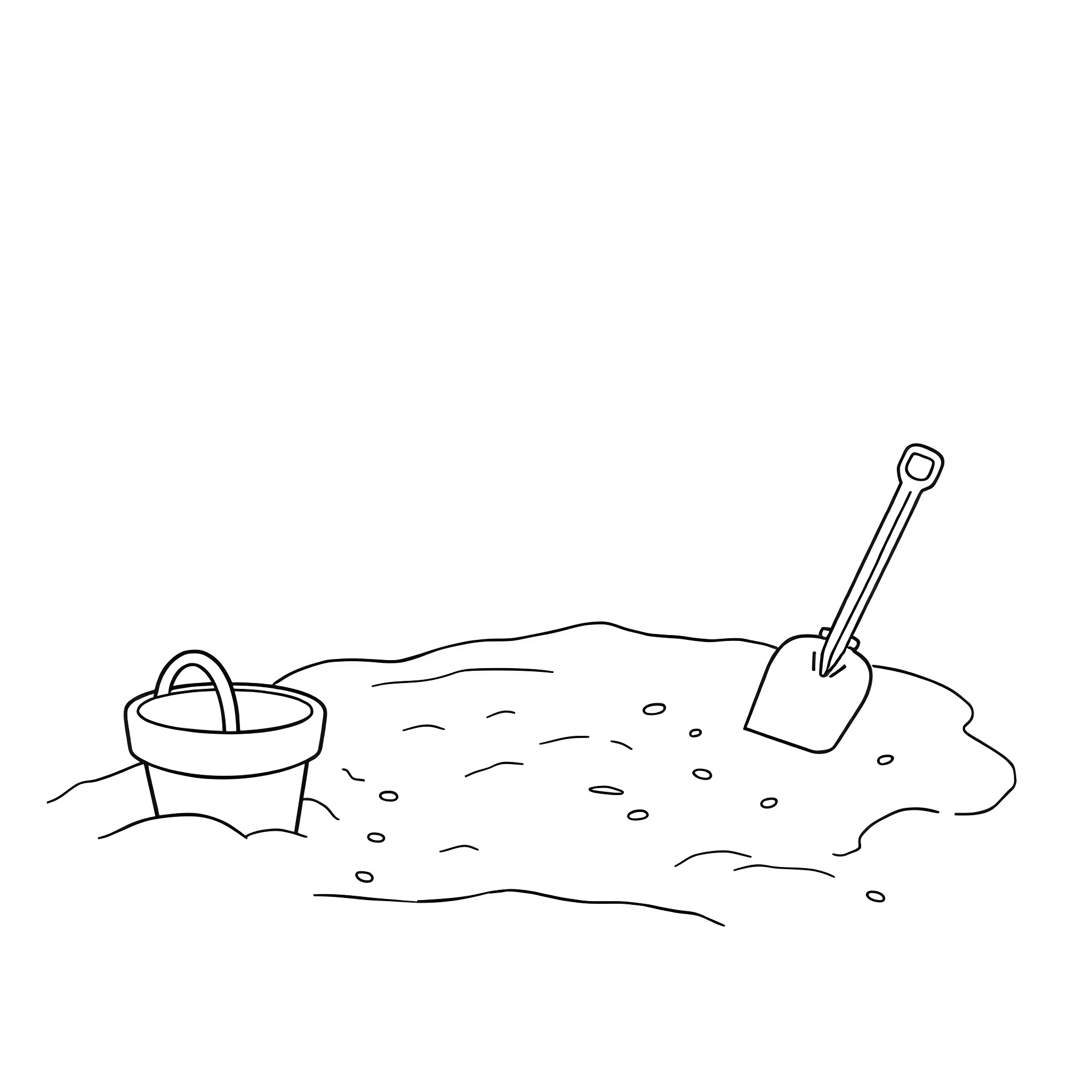Sand Toys and Shovel in the Sandbox Coloring Page (free black-and-white line drawing printable PDF for all, from beginners to advanced learners, including children, teens, adults, and seniors)
