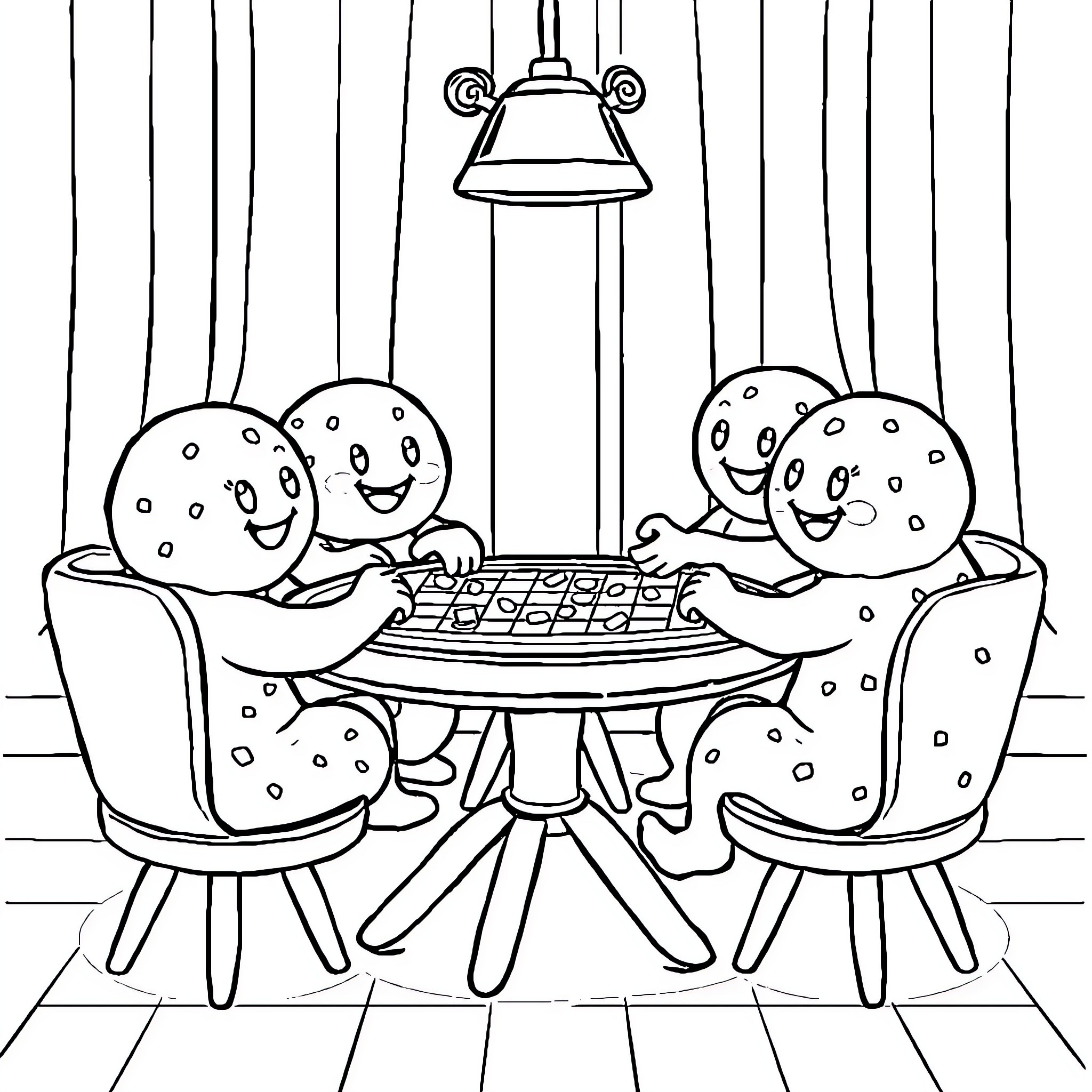 Donuts having a friendly gathering at the table Coloring Page (free black-and-white line drawing printable PDF for all, from beginners to advanced learners, including children, teens, adults, and seniors)