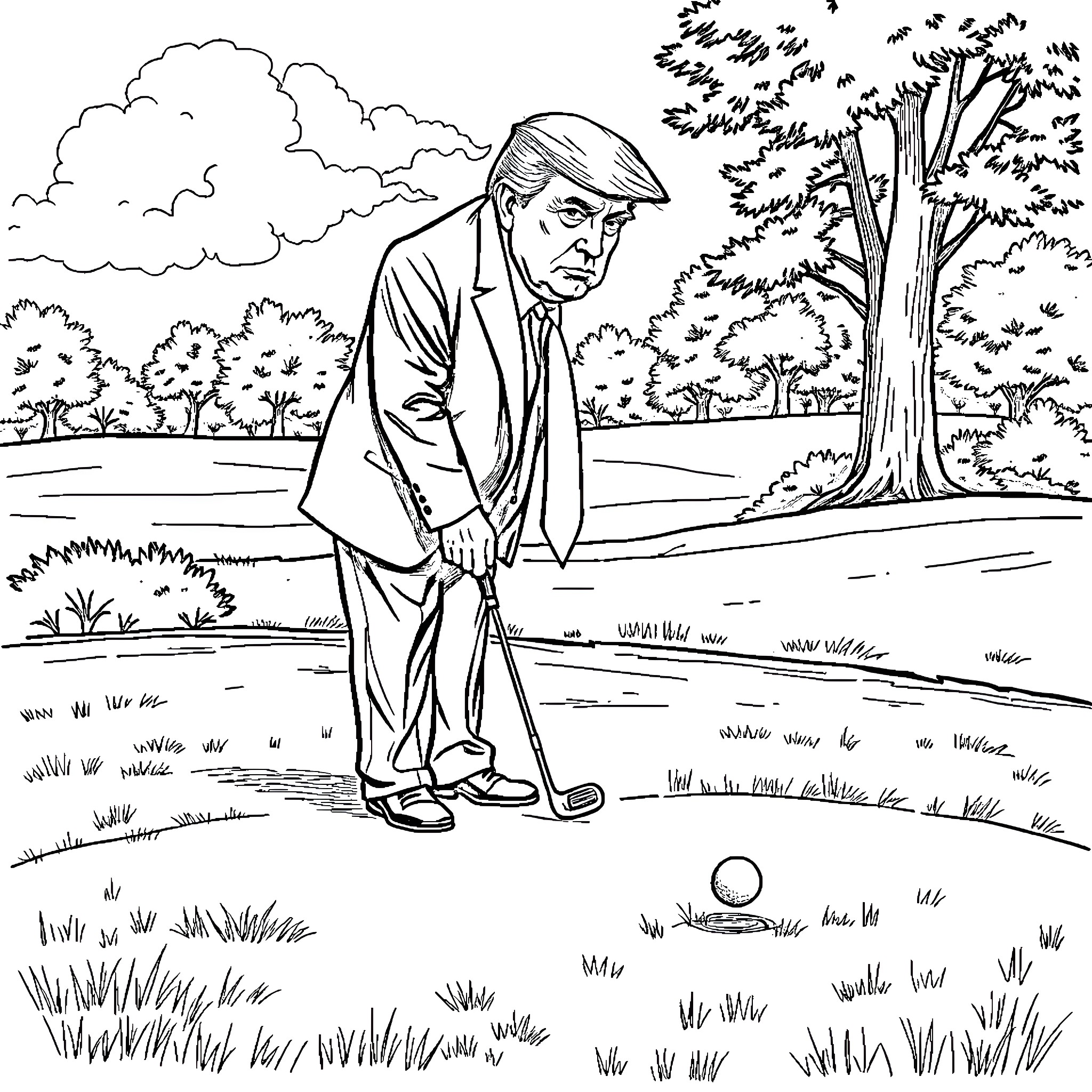 Trump golfing in the park with stern expression Coloring Page (free black-and-white line drawing printable PDF for all, from beginners to advanced learners, including children, teens, adults, and seniors)