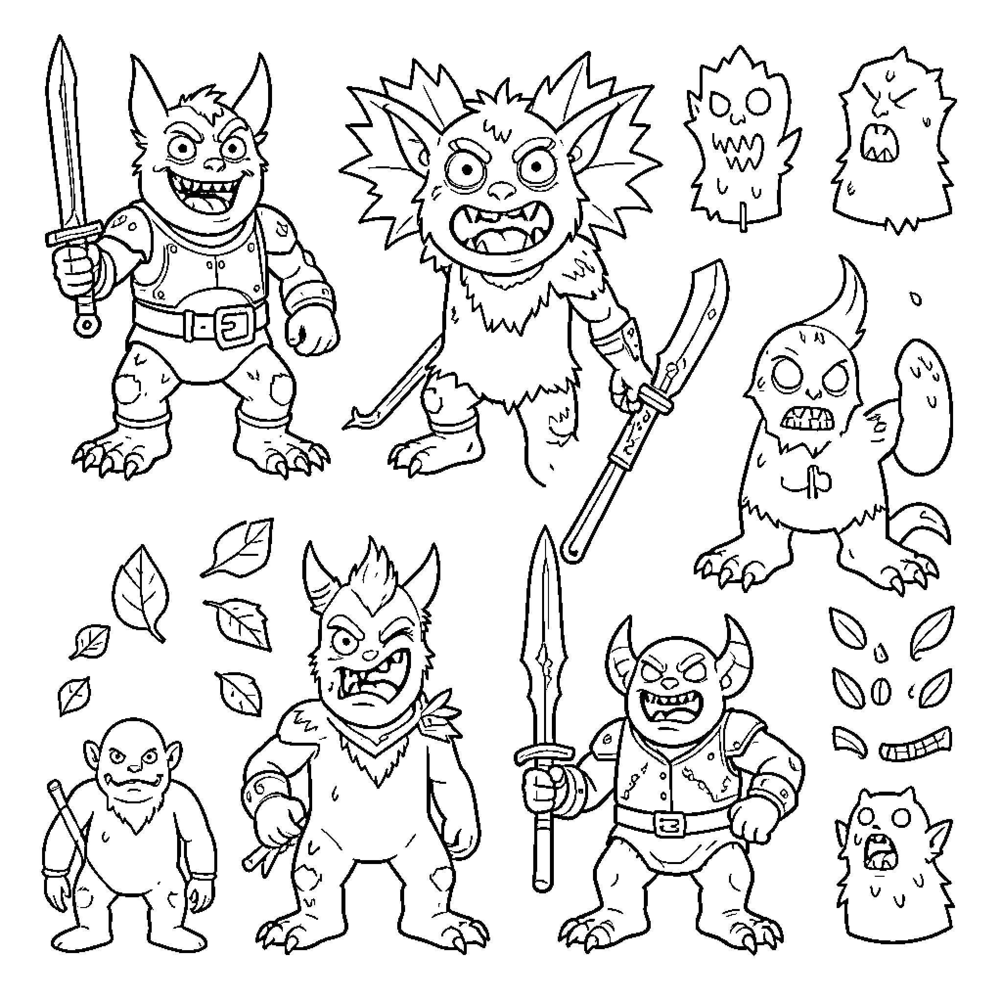 Monster-themed characters in various poses and outfits Coloring Page (free black-and-white line drawing printable PDF for all, from beginners to advanced learners, including children, teens, adults, and seniors)