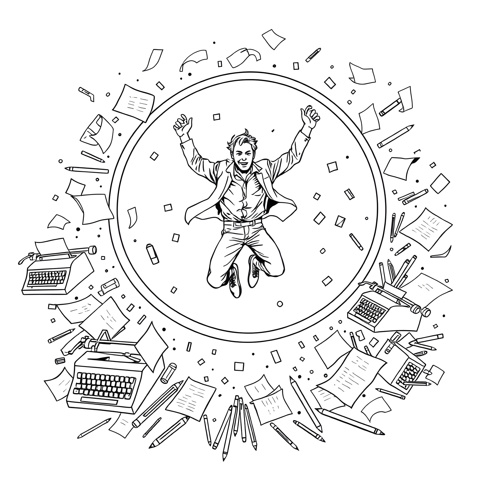 Man jumping with joy amidst office supplies Coloring Page (free black-and-white line drawing printable PDF for all, from beginners to advanced learners, including children, teens, adults, and seniors)