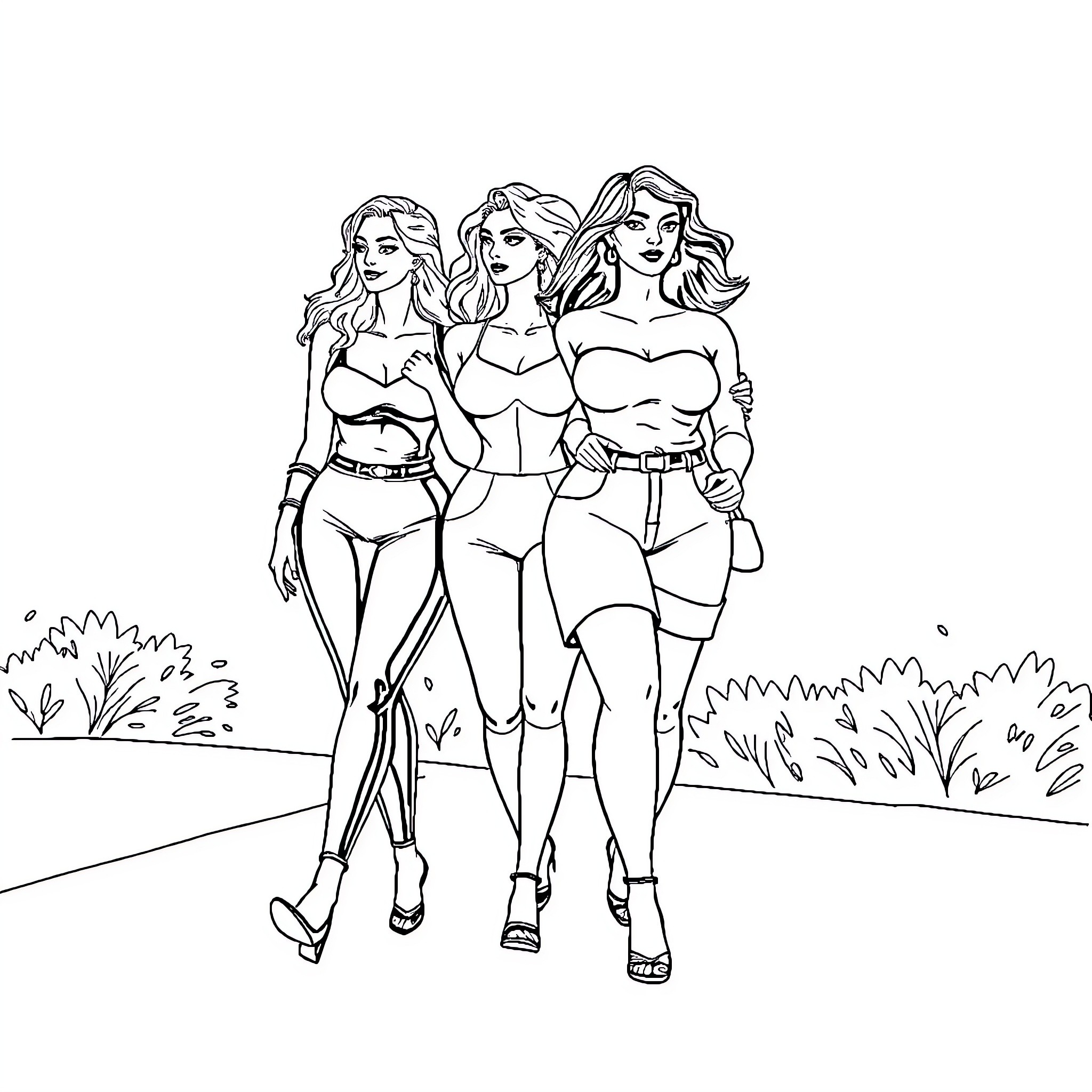 Women in stylish outfits posing confidently Coloring Page (free black-and-white line drawing printable PDF for all, from beginners to advanced learners, including children, teens, adults, and seniors)