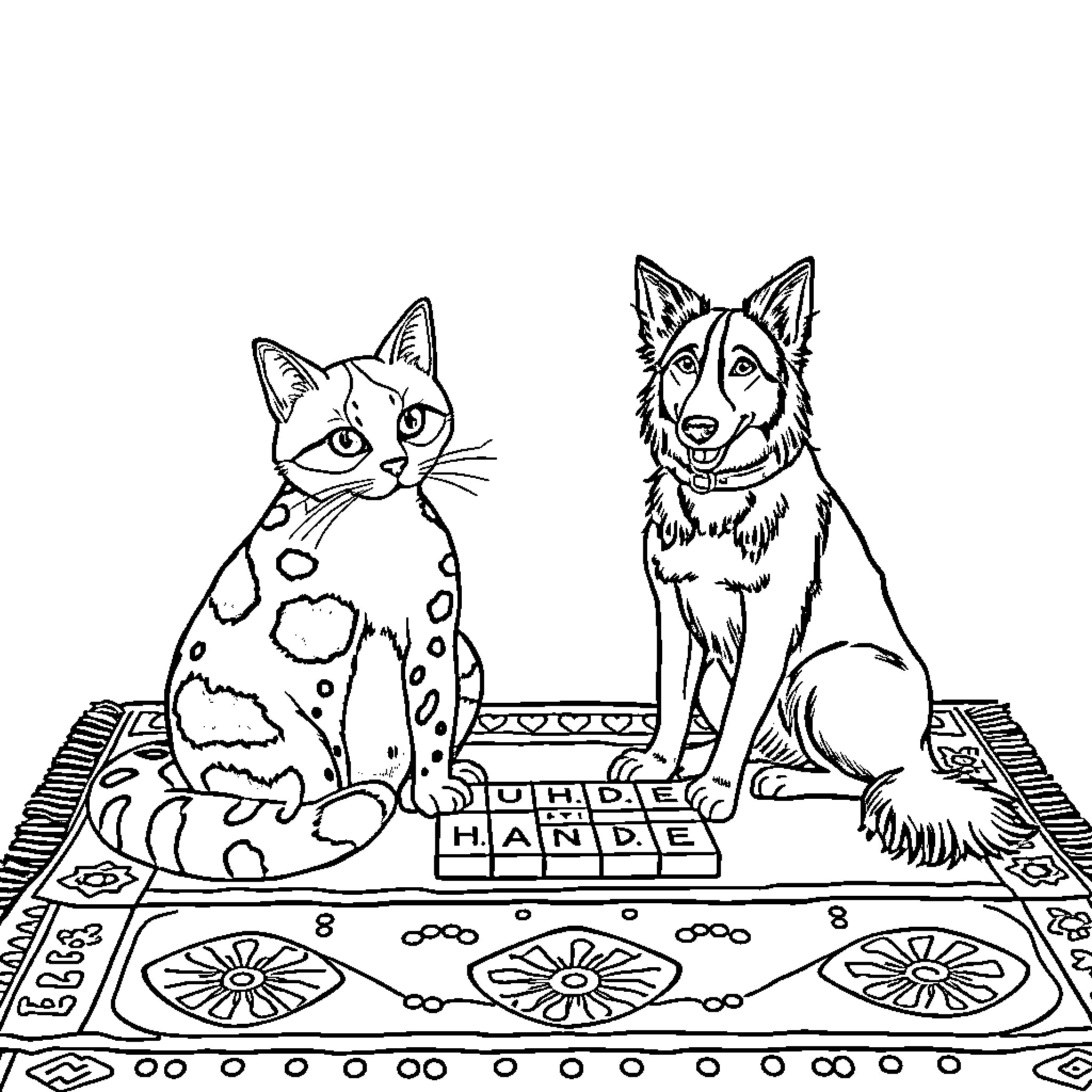 Cat and Dog Sitting on Patterned Rug Coloring Page (free black-and-white line drawing printable PDF for all, from beginners to advanced learners, including children, teens, adults, and seniors)