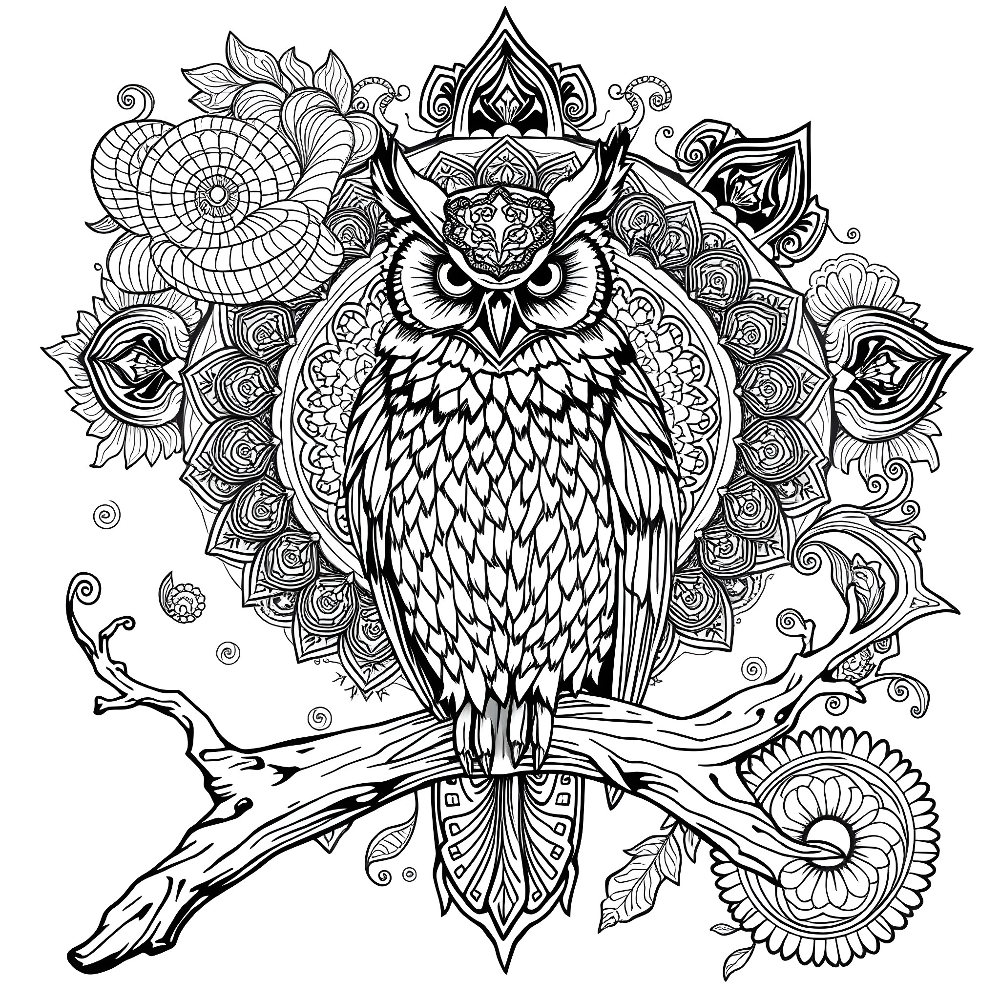 Owl perched on ornate floral design Coloring Page (free black-and-white line drawing printable PDF for all, from beginners to advanced learners, including children, teens, adults, and seniors)