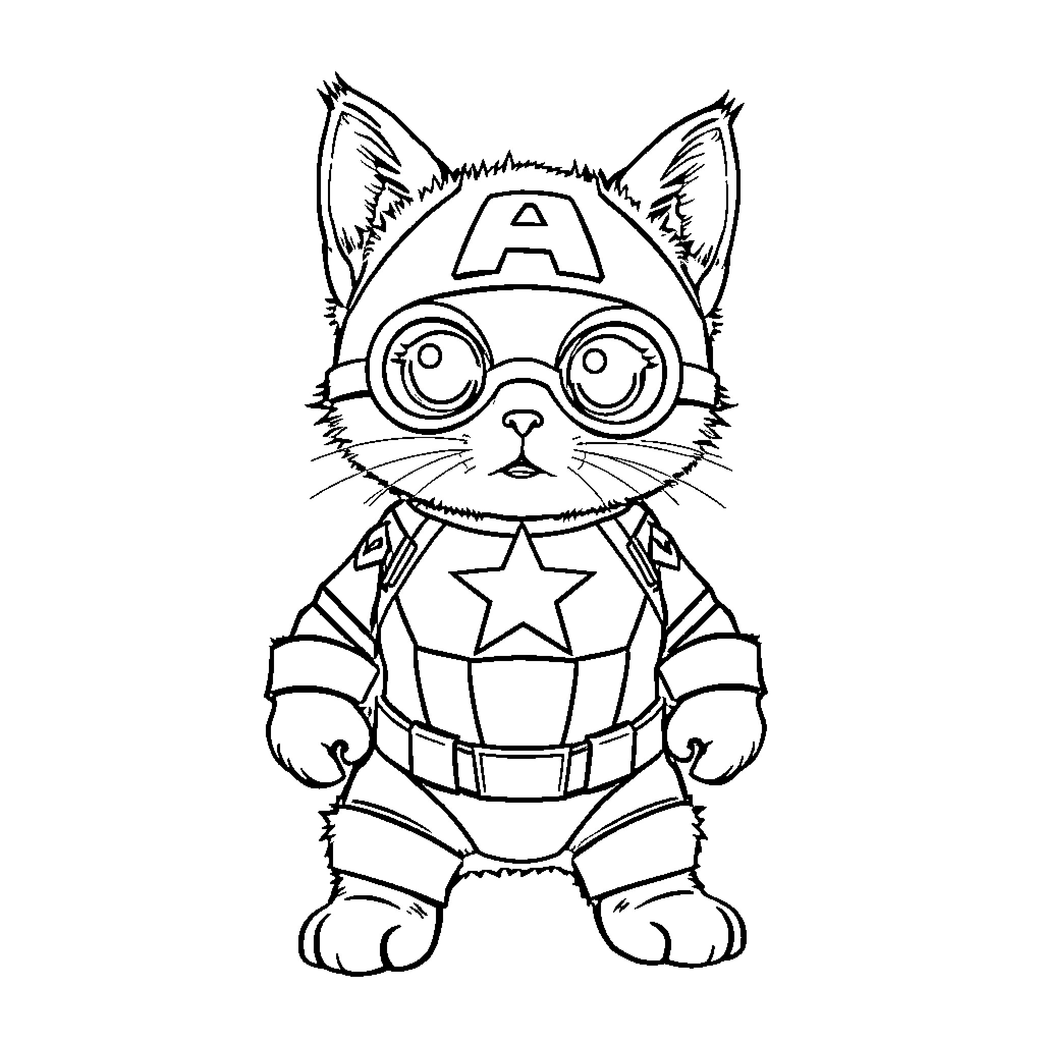 Cat superhero in costume Coloring Page (free black-and-white line drawing printable PDF for all, from beginners to advanced learners, including children, teens, adults, and seniors)