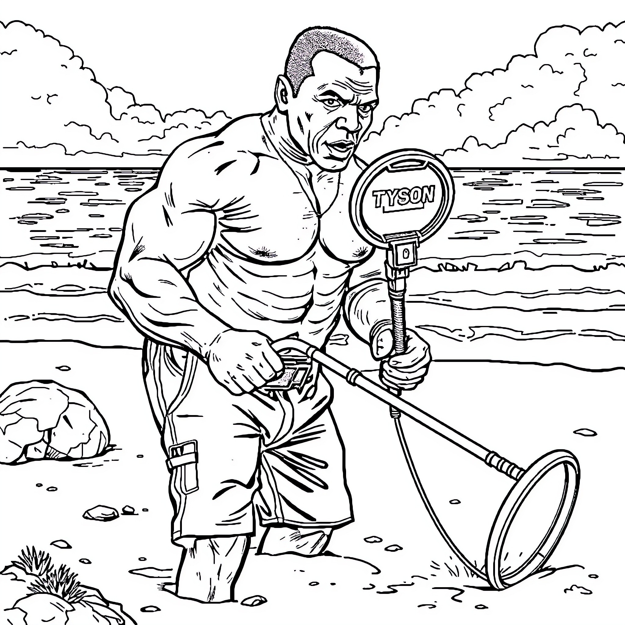 Mike Tyson fishing with a large net by the lakeside Coloring Page (free black-and-white line drawing printable PDF for all, from beginners to advanced learners, including children, teens, adults, and seniors)