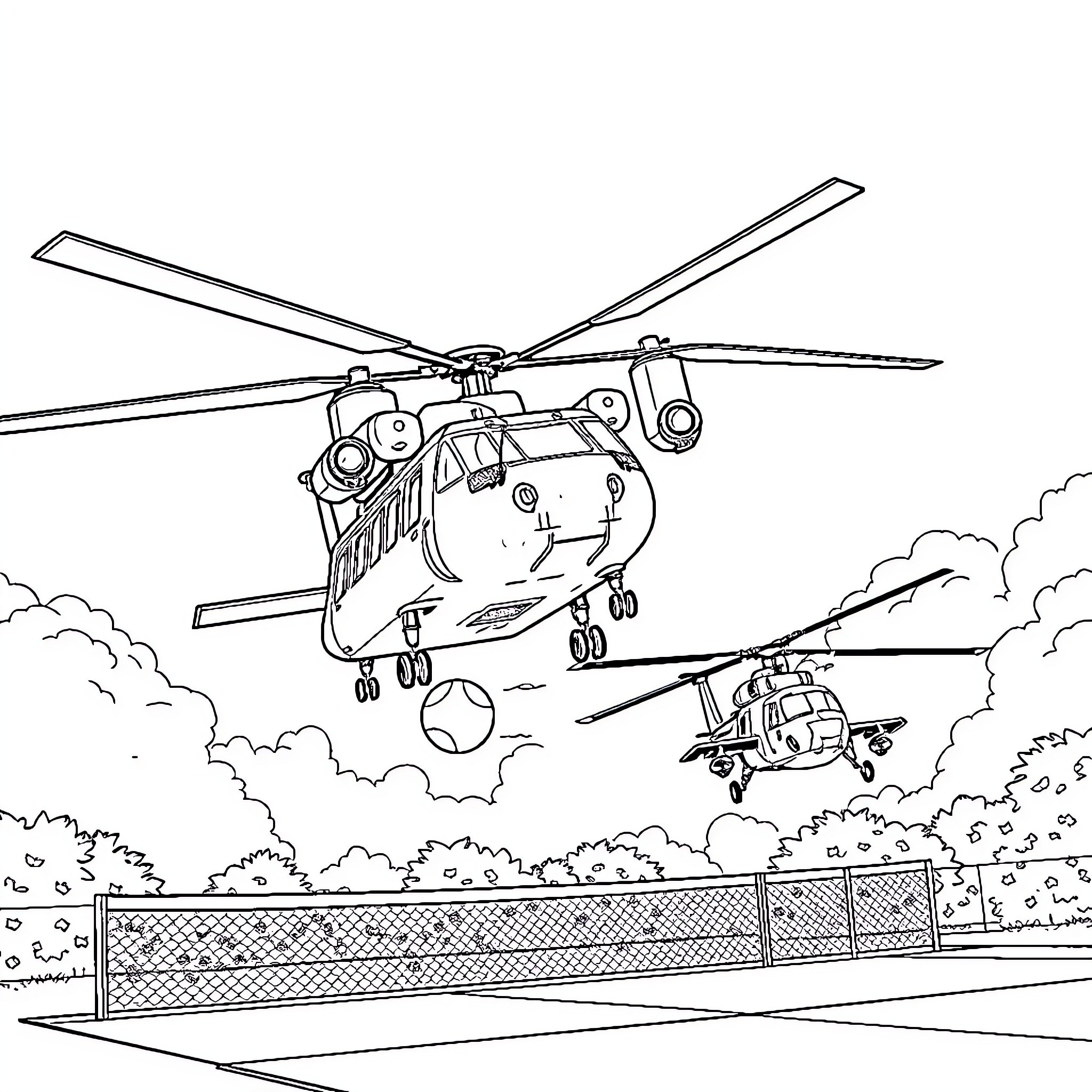 Helicopter Duo Soaring Over Rugged Terrain Coloring Page (free black-and-white line drawing printable PDF for all, from beginners to advanced learners, including children, teens, adults, and seniors)