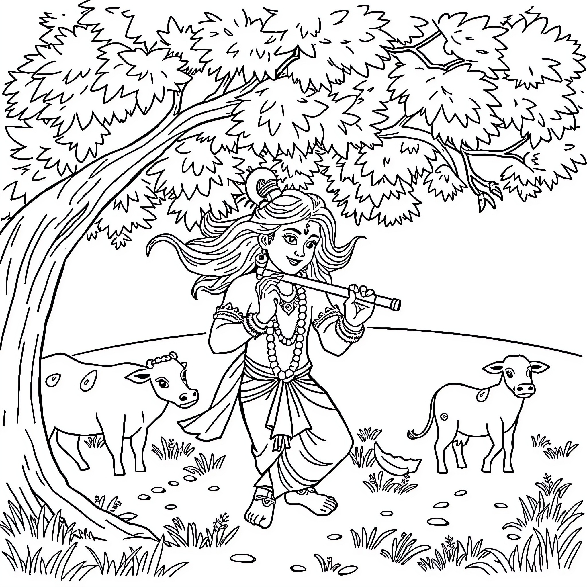 Krishna playing with animals in the forest Coloring Page (free black-and-white line drawing printable PDF for all, from beginners to advanced learners, including children, teens, adults, and seniors)