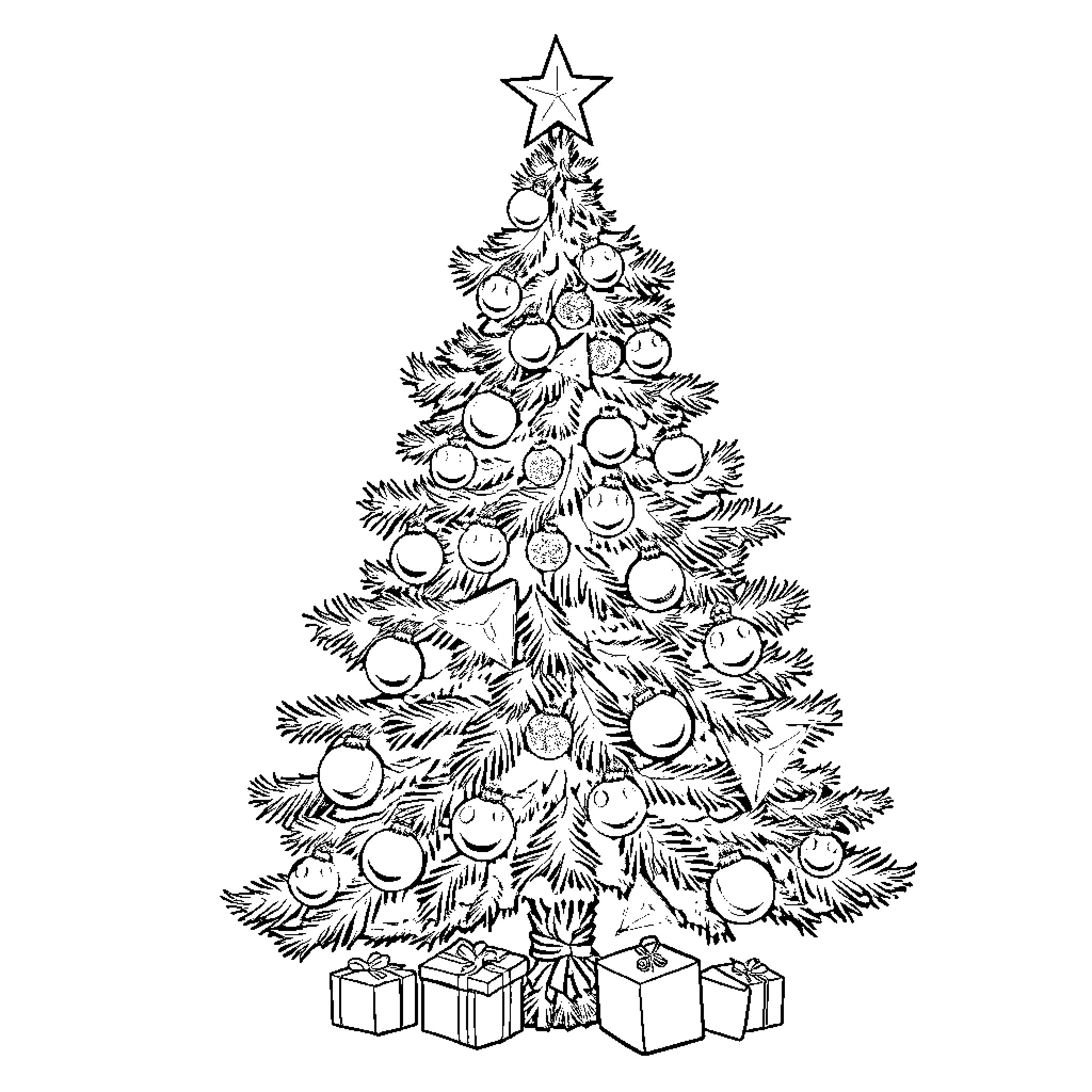 Christmas Tree Decorated with Ornaments and Presents Coloring Page (free black-and-white line drawing printable PDF for all, from beginners to advanced learners, including children, teens, adults, and seniors)