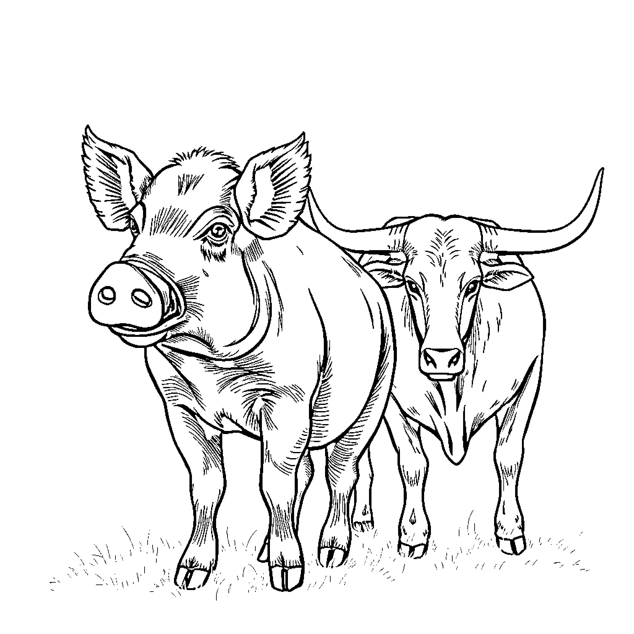 Razorback pigs and Texas Longhorn cattle grazing Coloring Page (free black-and-white line drawing printable PDF for all, from beginners to advanced learners, including children, teens, adults, and seniors)