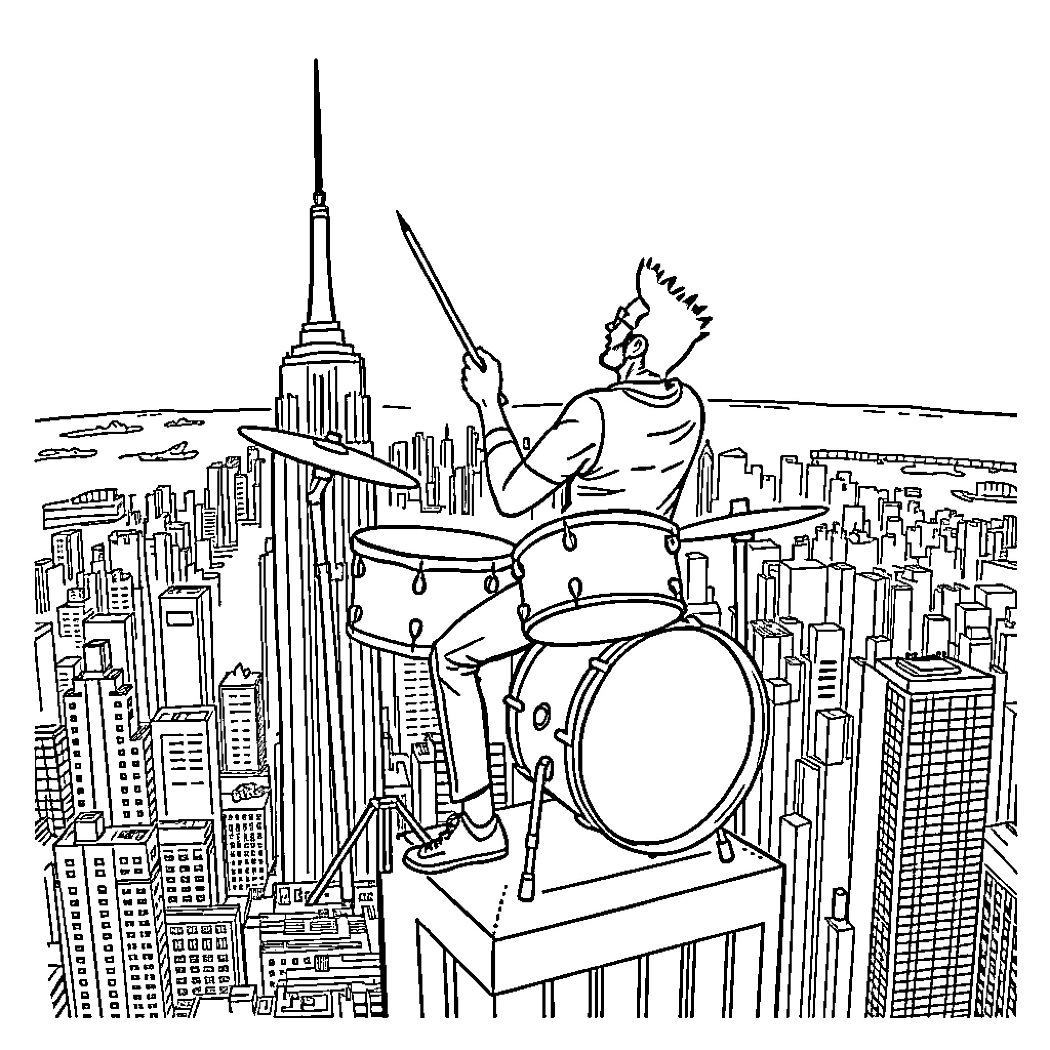 Travis Barker's Energetic Drumming Atop the City Skyline Coloring Page (free black-and-white line drawing printable PDF for all, from beginners to advanced learners, including children, teens, adults, and seniors)