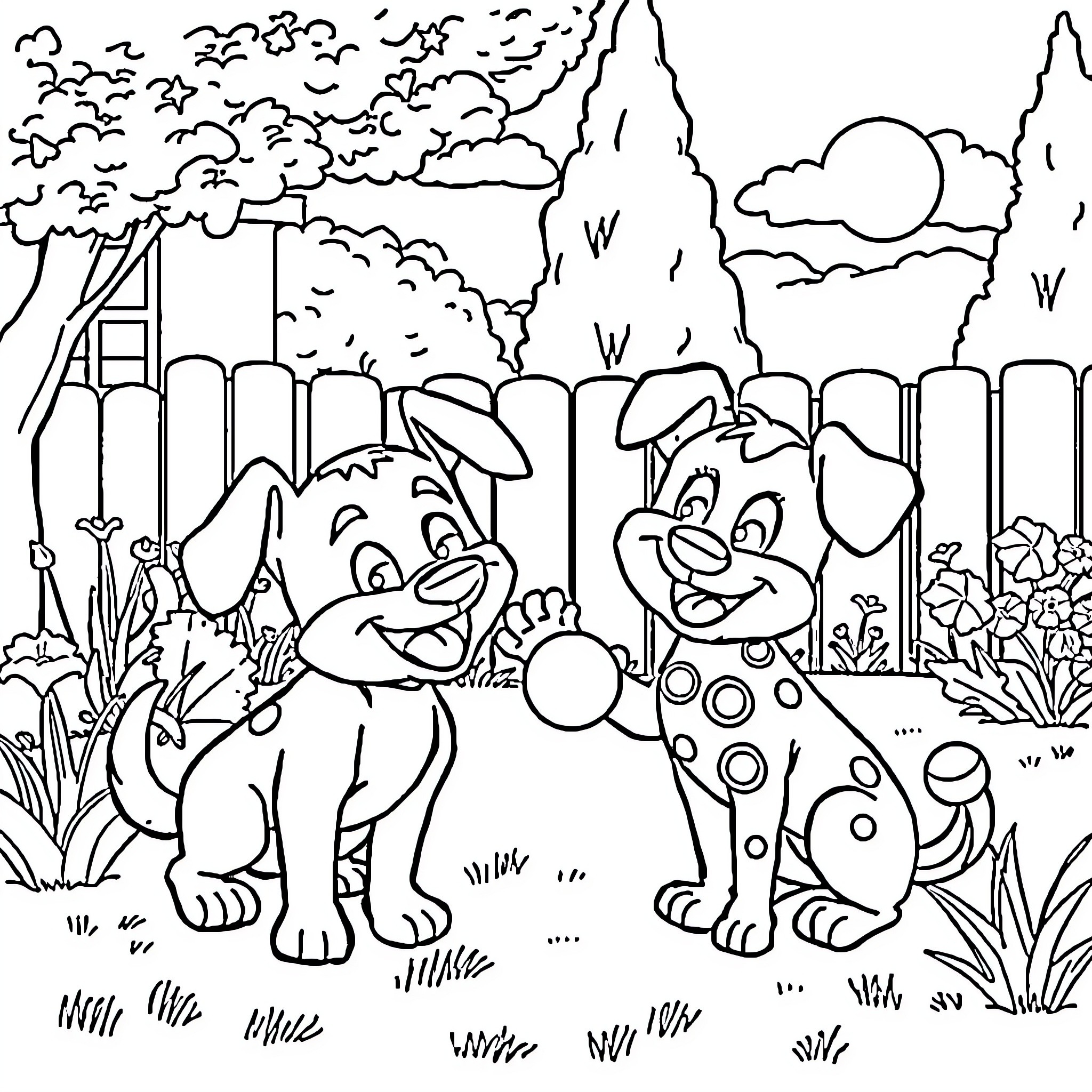 Bluey and friends playing in the park Coloring Page (free black-and-white line drawing printable PDF for all, from beginners to advanced learners, including children, teens, adults, and seniors)