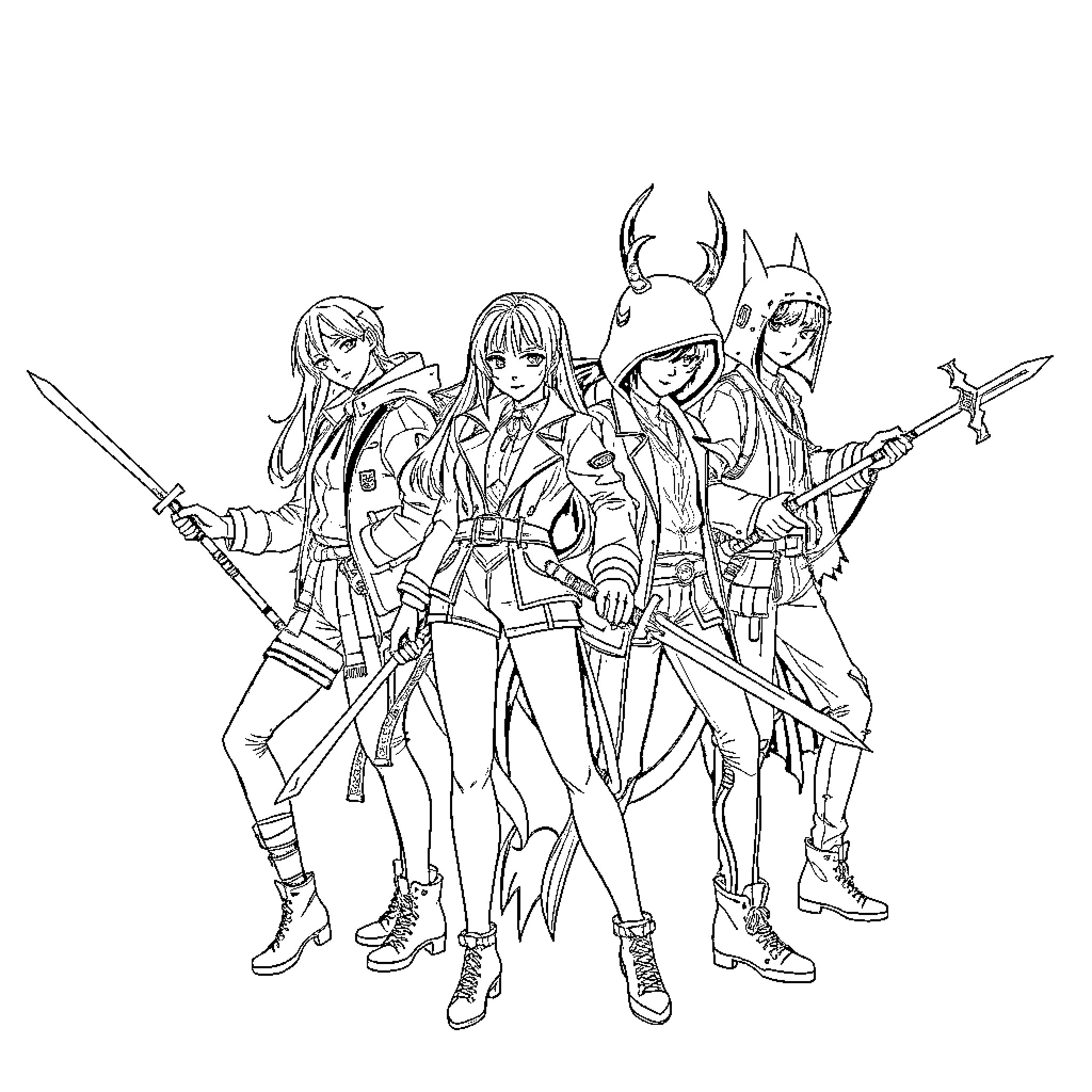 Demon Hunter Group Assembled for Battle Coloring Page (free black-and-white line drawing printable PDF for all, from beginners to advanced learners, including children, teens, adults, and seniors)