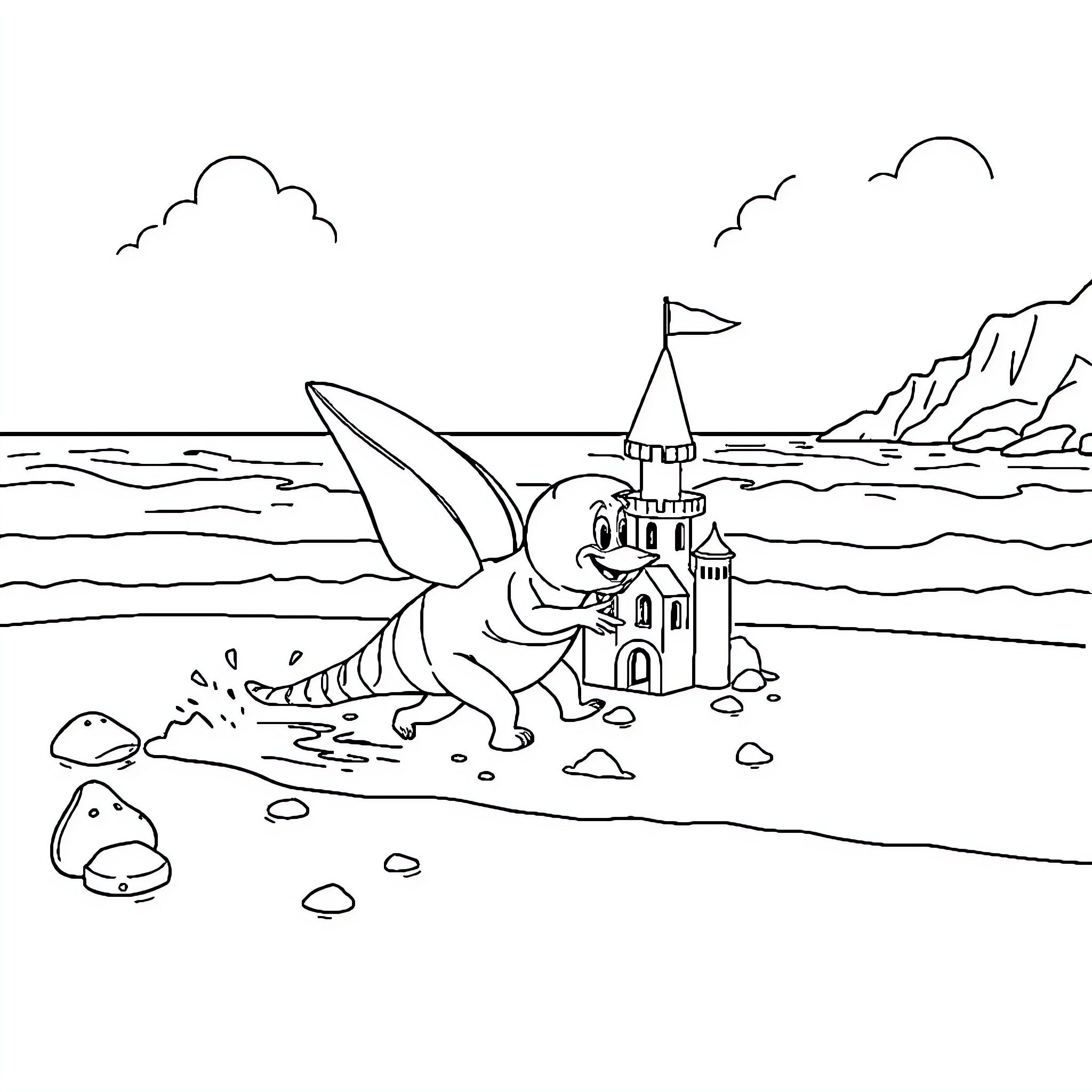 Paw Patrol Puppy Builds Sandcastle on Beach Coloring Page (free black-and-white line drawing printable PDF for all, from beginners to advanced learners, including children, teens, adults, and seniors)