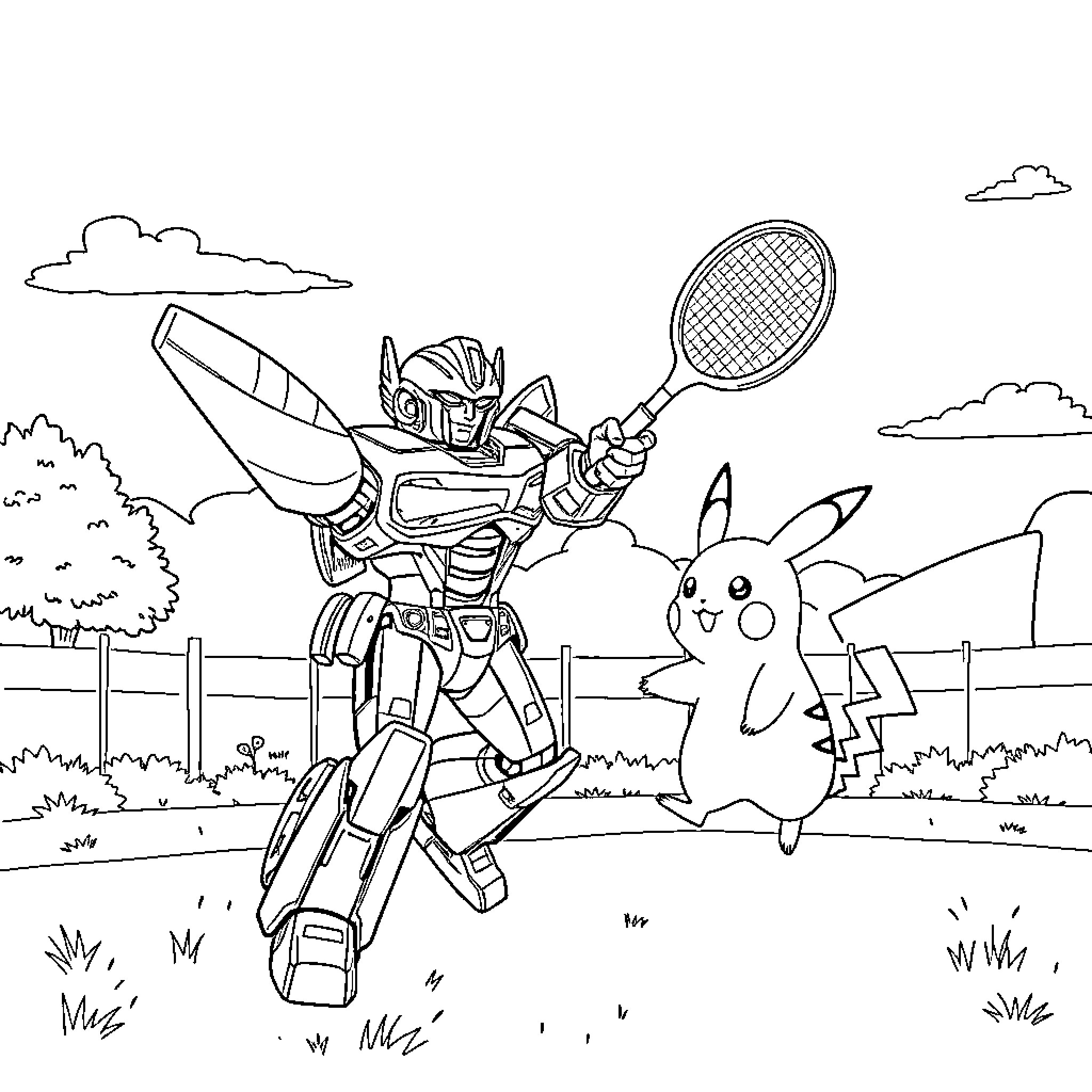 Bumblebee playing tennis with Pikachu Coloring Page (free black-and-white line drawing printable PDF for all, from beginners to advanced learners, including children, teens, adults, and seniors)