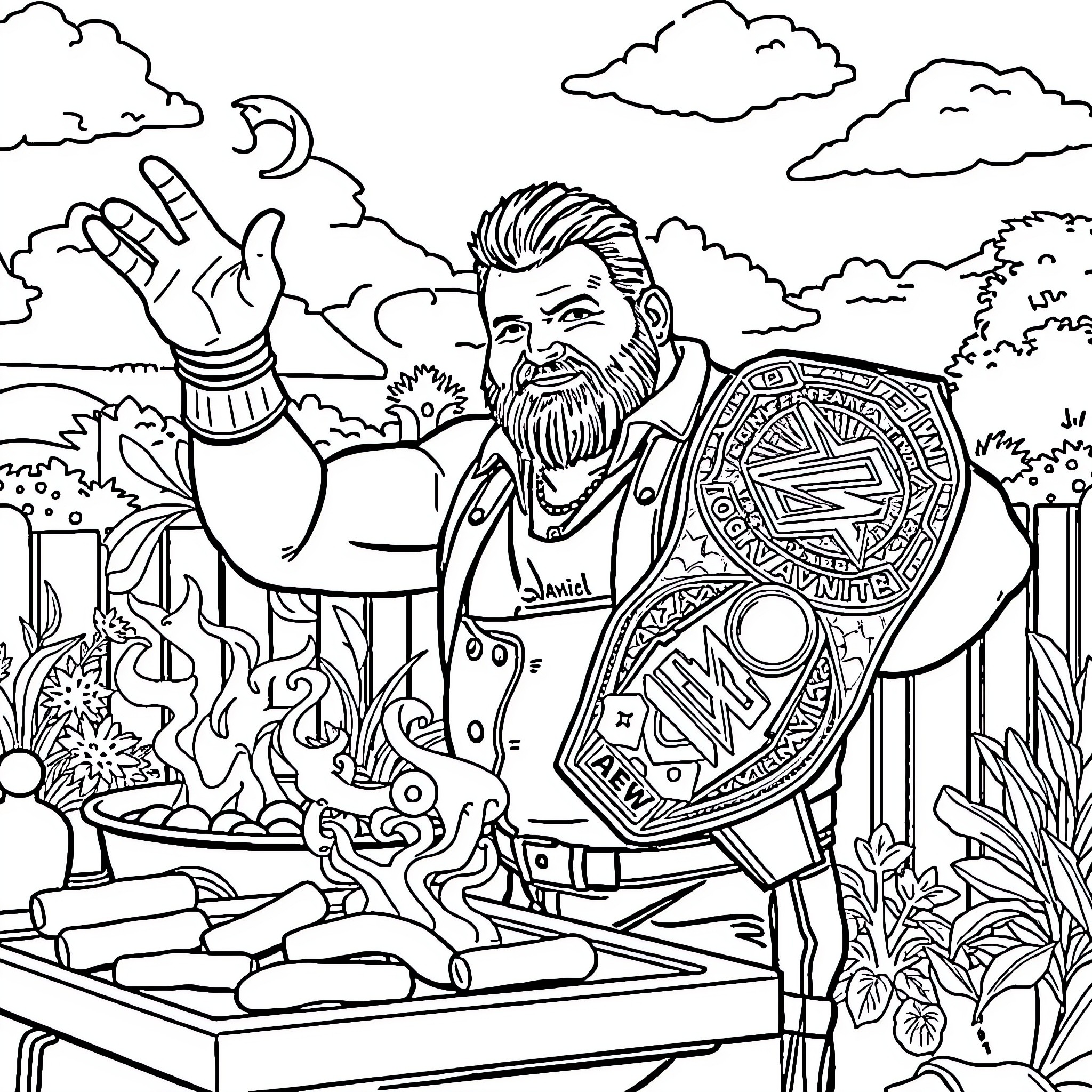 MJF in an Outdoor Setting with Symbols Coloring Page (free black-and-white line drawing printable PDF for all, from beginners to advanced learners, including children, teens, adults, and seniors)