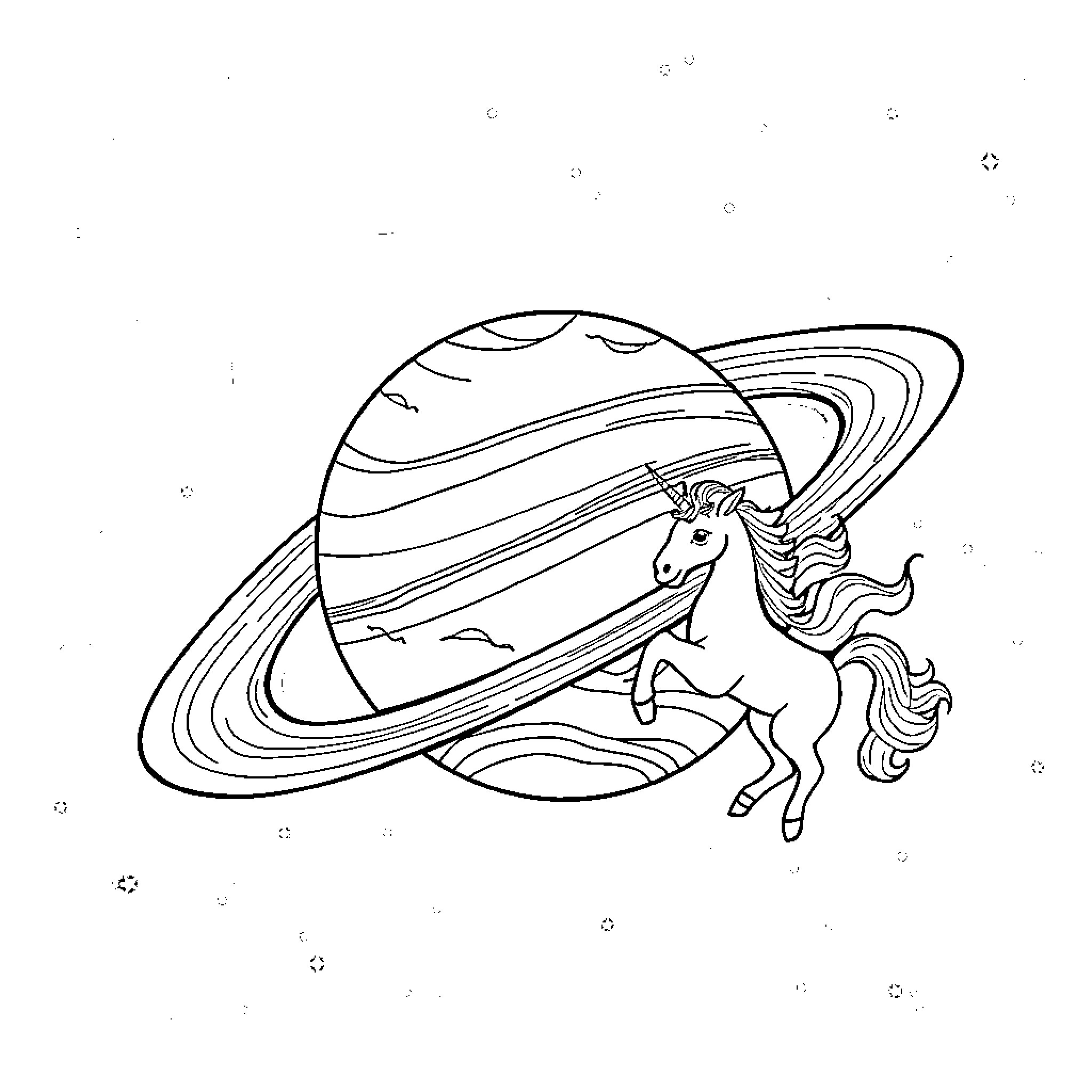 Saturn's Majestic Unicorn Soaring Through the Cosmos Coloring Page (free black-and-white line drawing printable PDF for all, from beginners to advanced learners, including children, teens, adults, and seniors)