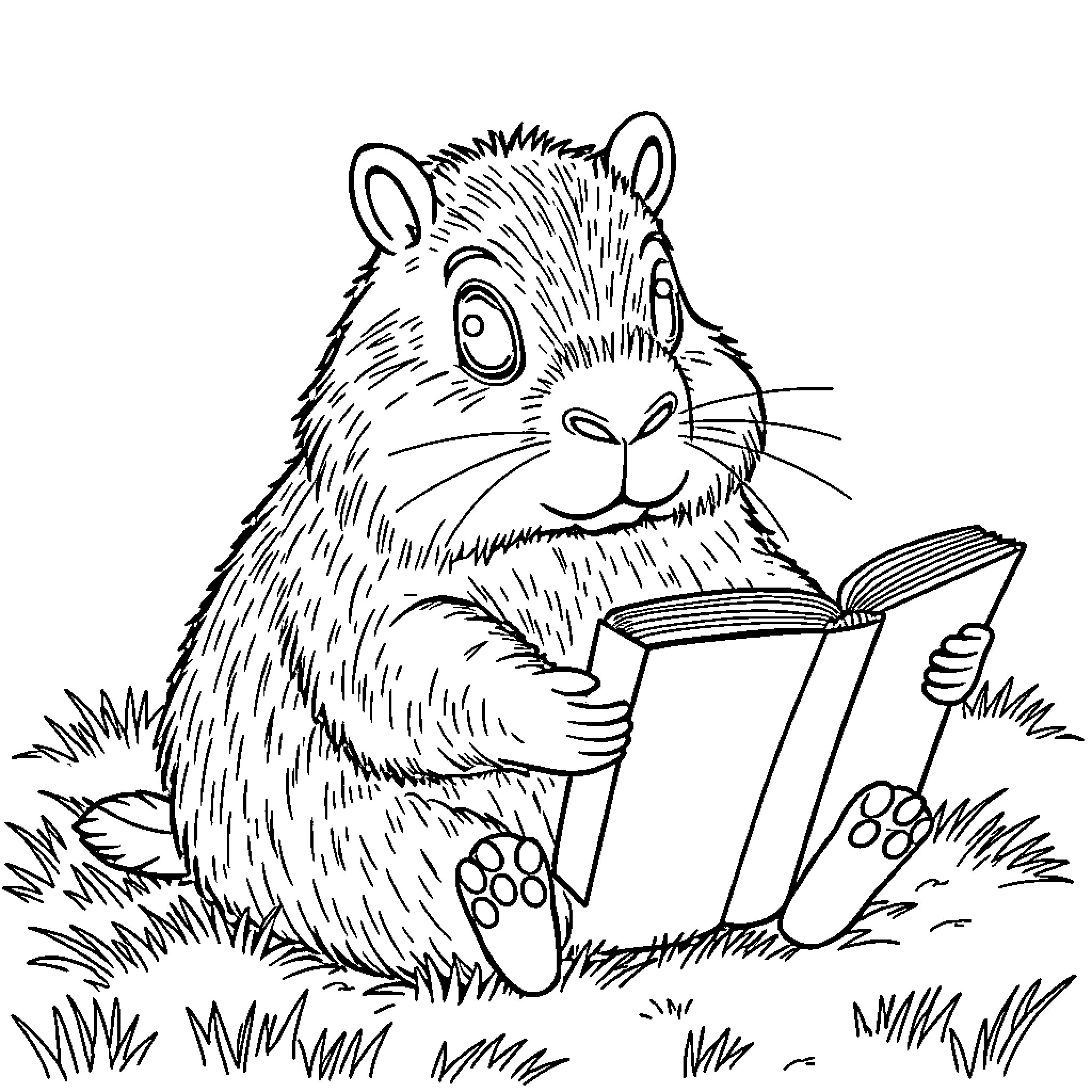 Capybara reading a book in the grass Coloring Page (free black-and-white line drawing printable PDF for all, from beginners to advanced learners, including children, teens, adults, and seniors)