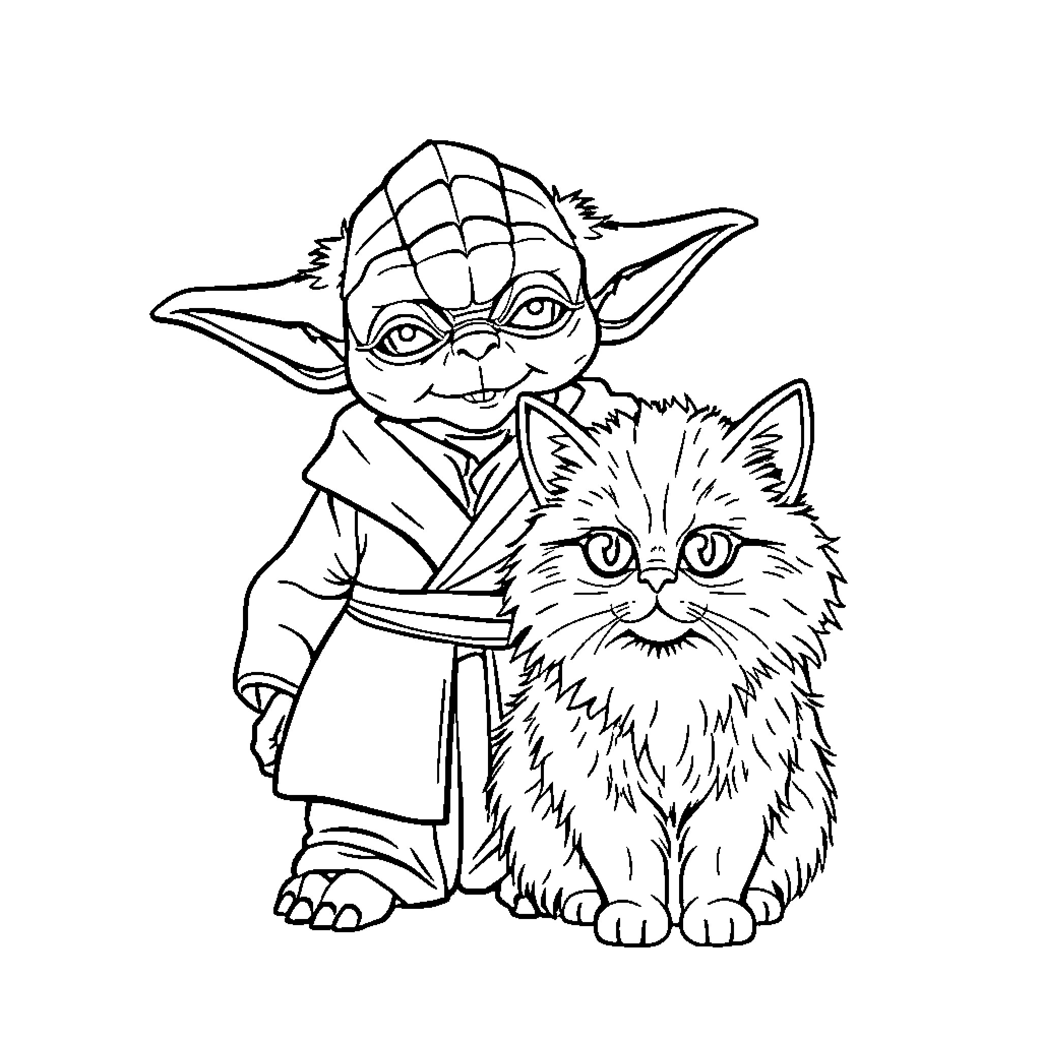 Yoda and his feline companion Coloring Page (free black-and-white line drawing printable PDF for all, from beginners to advanced learners, including children, teens, adults, and seniors)