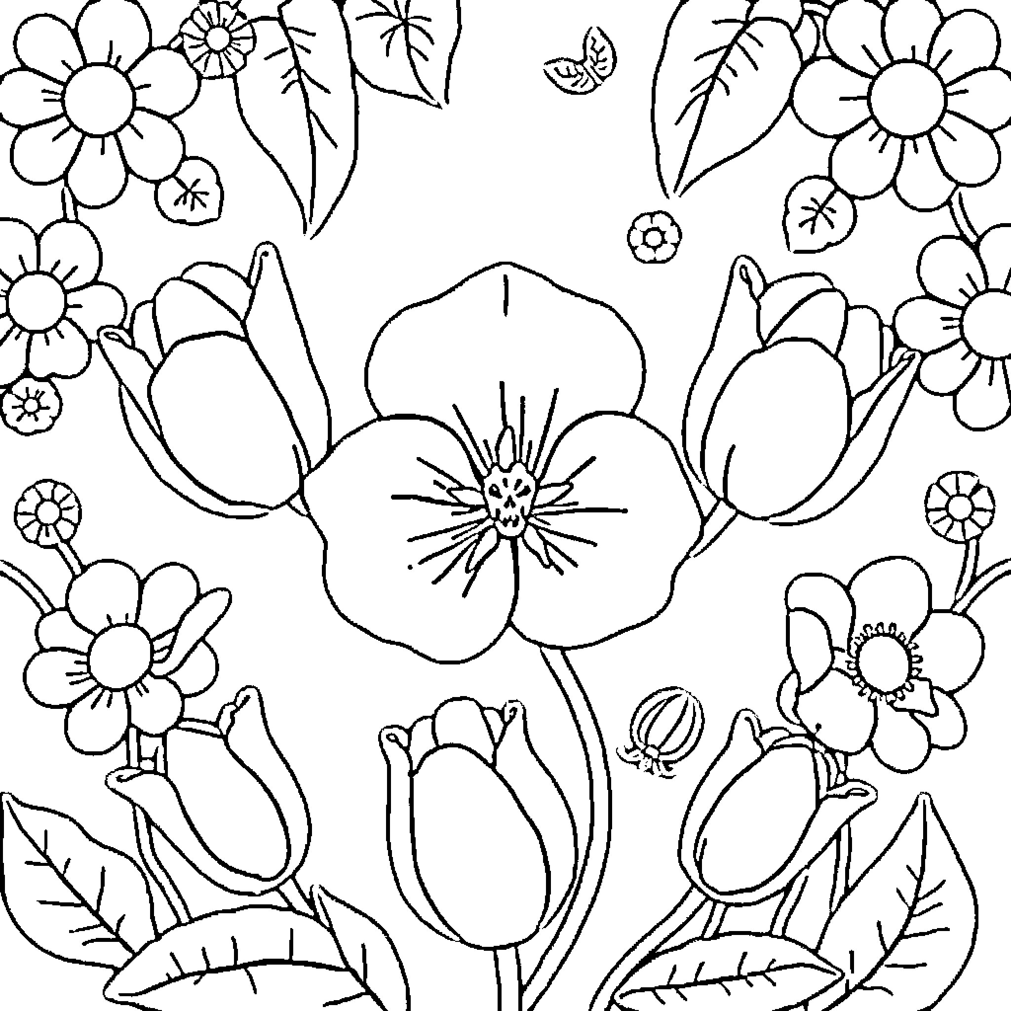 Book of Floral Garden Scenes Coloring Page (free black-and-white line drawing printable PDF for all, from beginners to advanced learners, including children, teens, adults, and seniors)