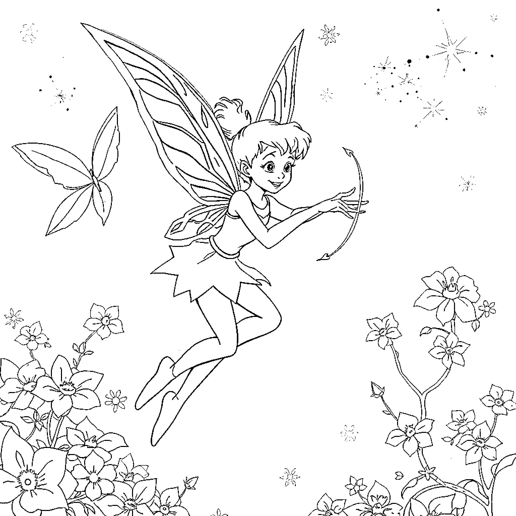 Tinkerbell flying gracefully among flowers and stars Coloring Page (free black-and-white line drawing printable PDF for all, from beginners to advanced learners, including children, teens, adults, and seniors)